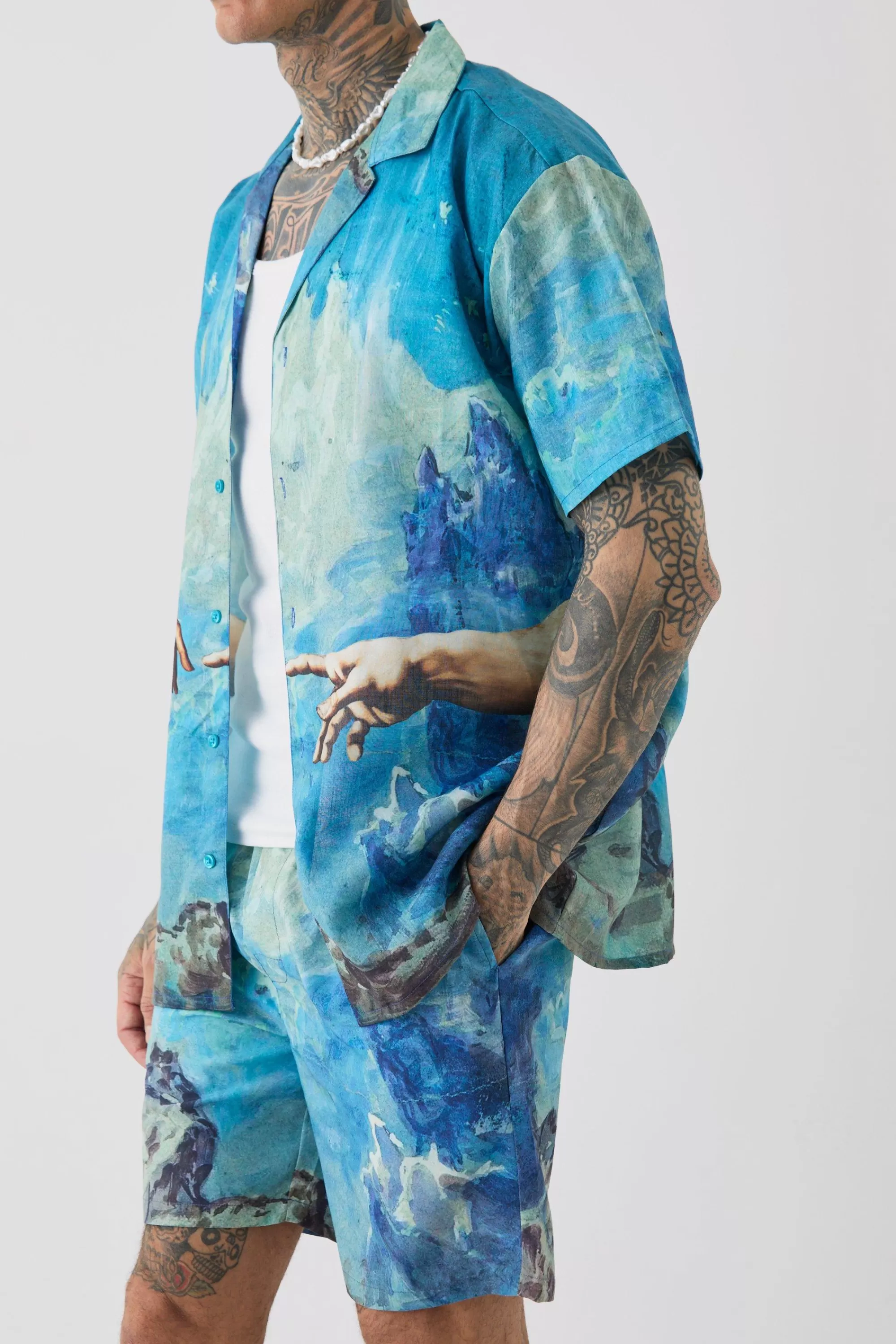 boohooMAN Tall Oversized Renaissance Print Shirt & Swim Short Set | UK