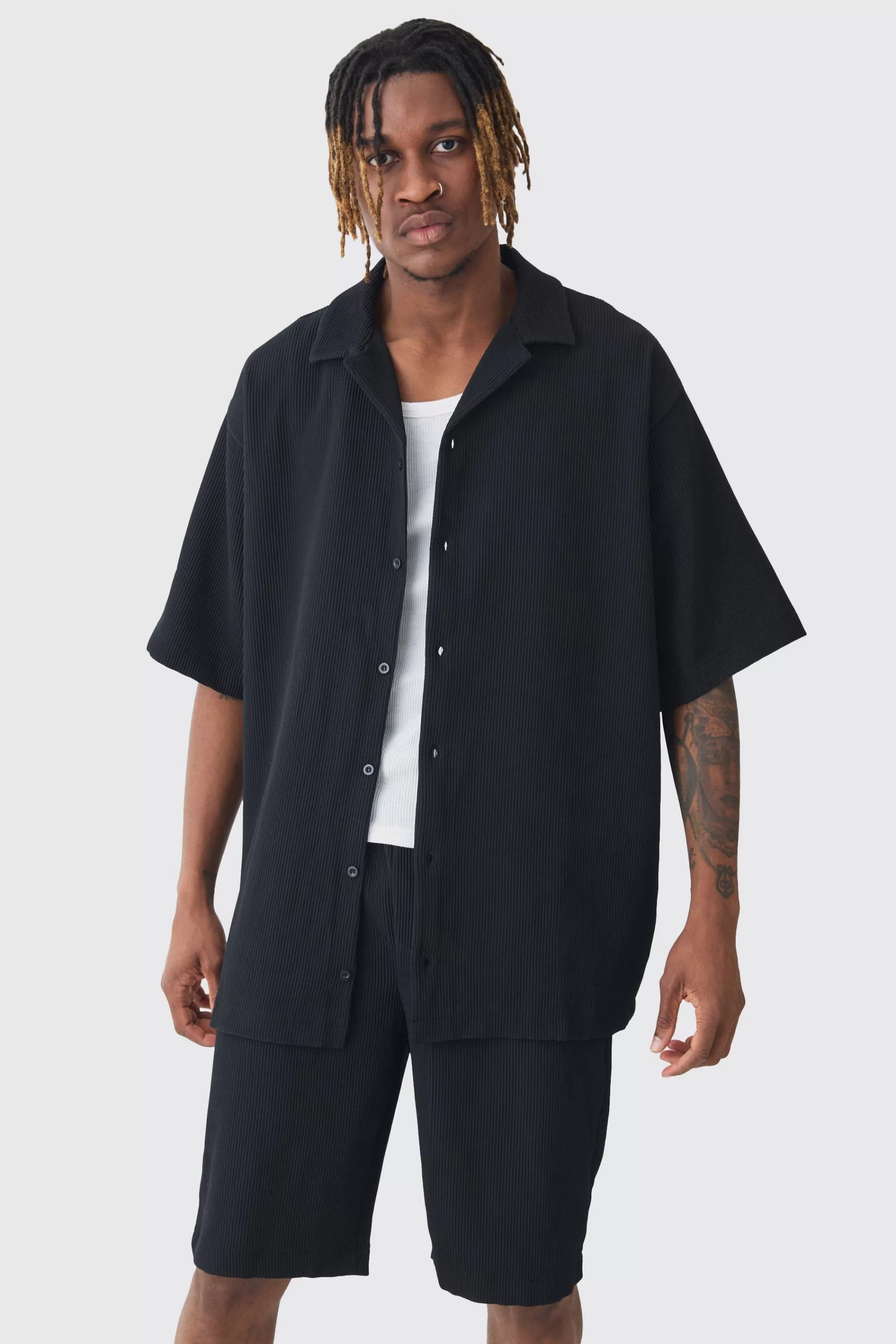 boohooMAN Tall Oversized Short Sleeve Pleated Shirt & Short Set | UK