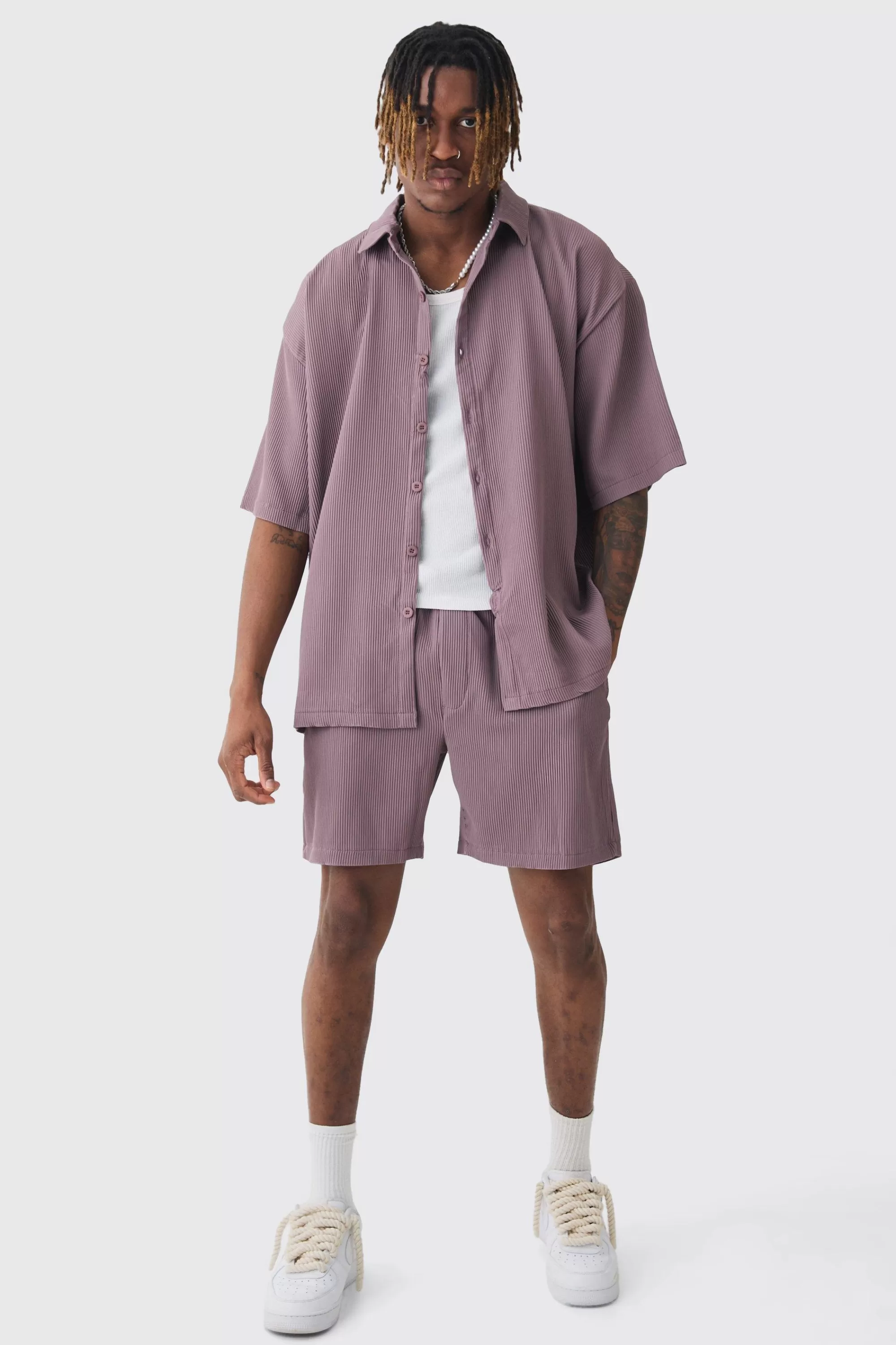 boohooMAN Tall Oversized Short Sleeve Pleated Shirt & Short Set In | UK