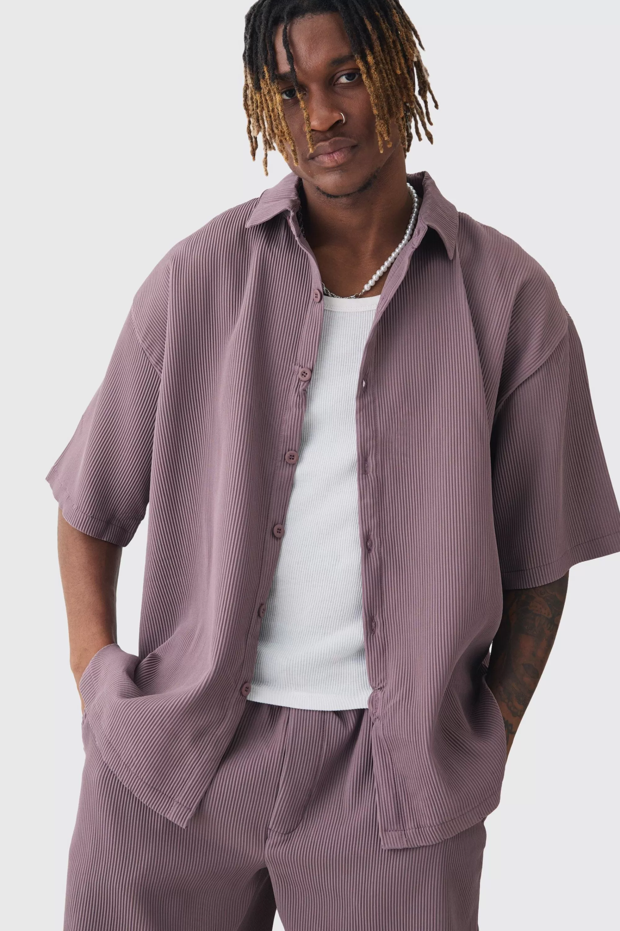 boohooMAN Tall Oversized Short Sleeve Pleated Shirt & Short Set In | UK