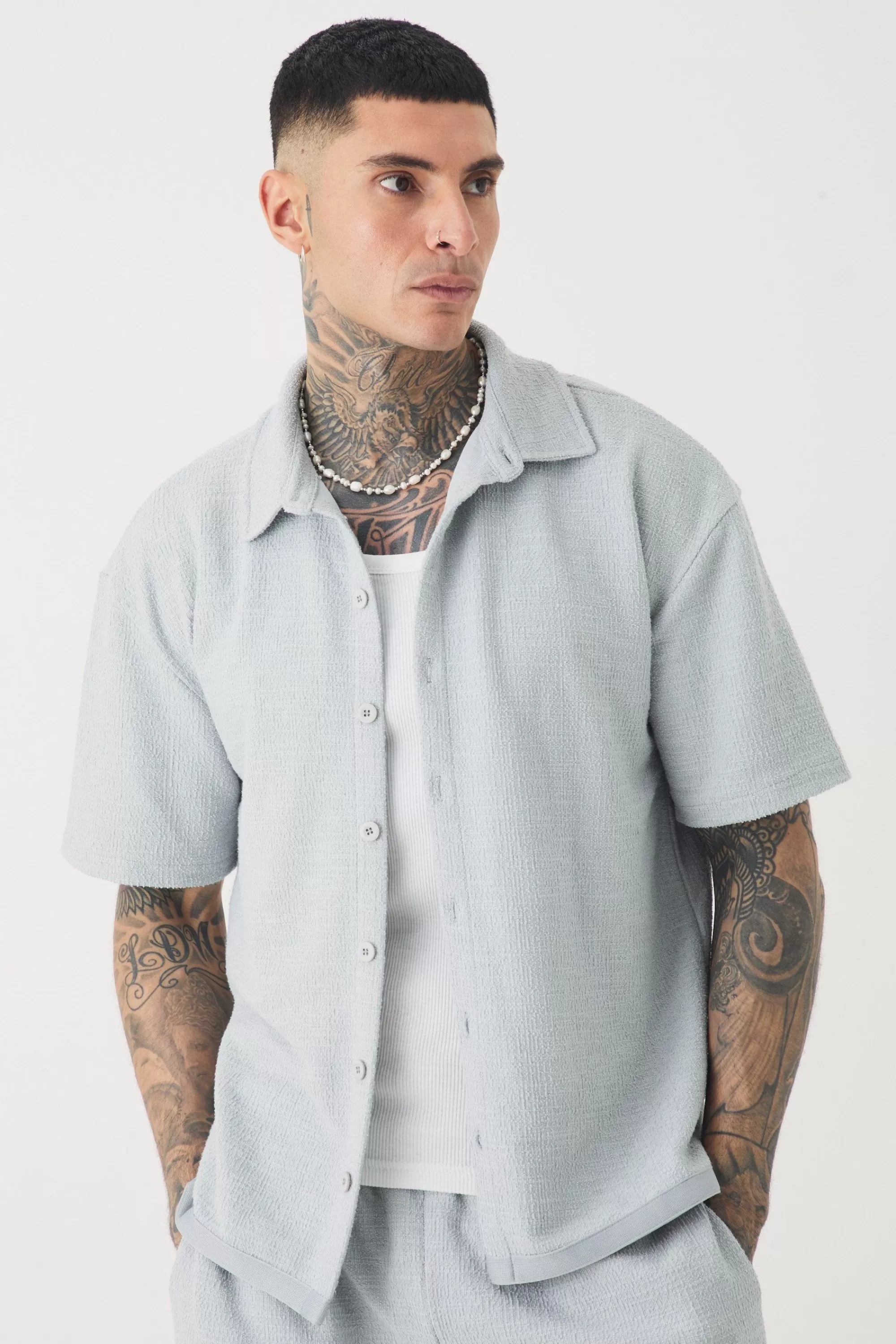 boohooMAN Tall Oversized Textured Star Applique Shirt | UK