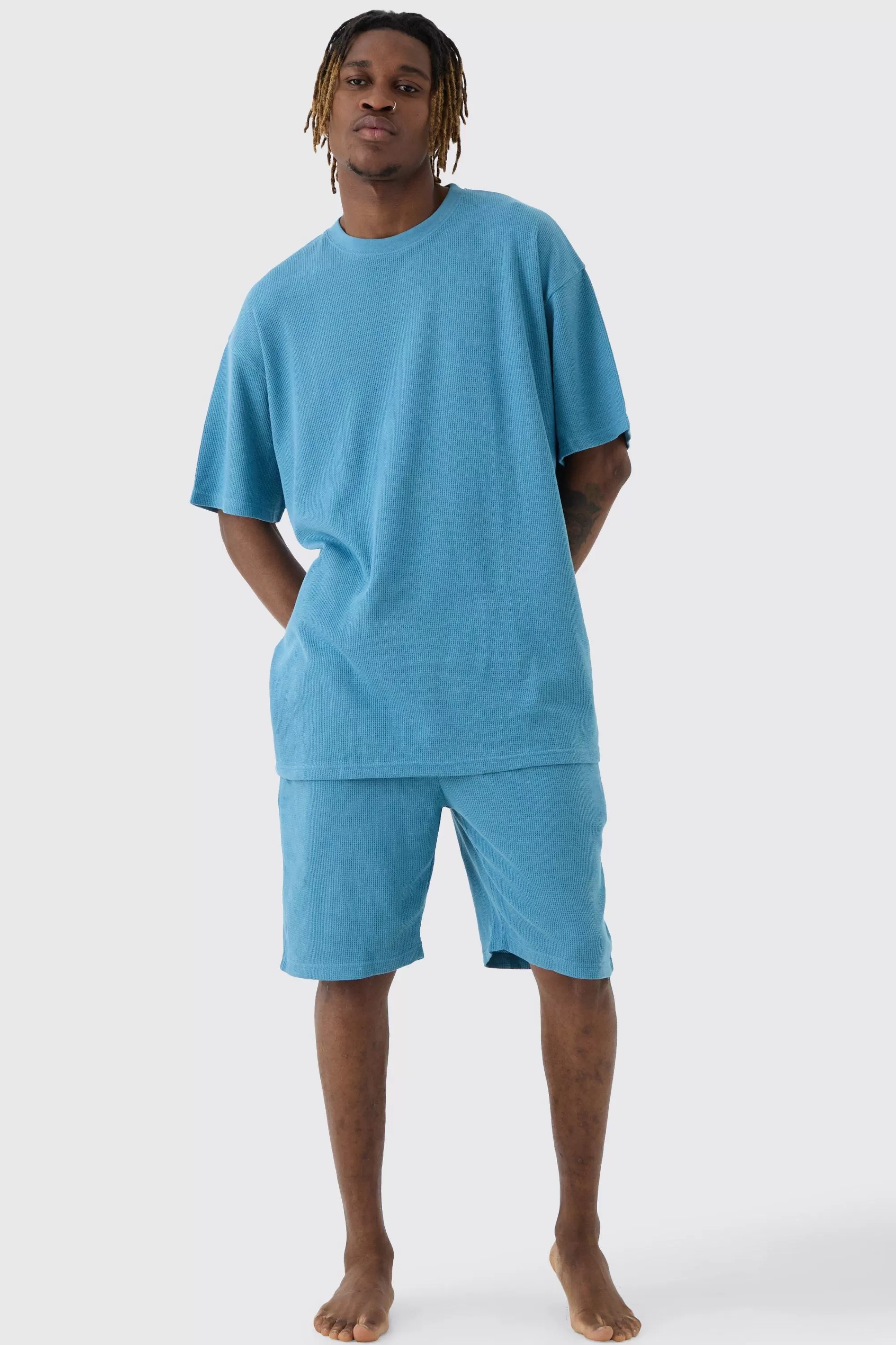 boohooMAN Tall Oversized Waffle Lounge Short Set In | UK