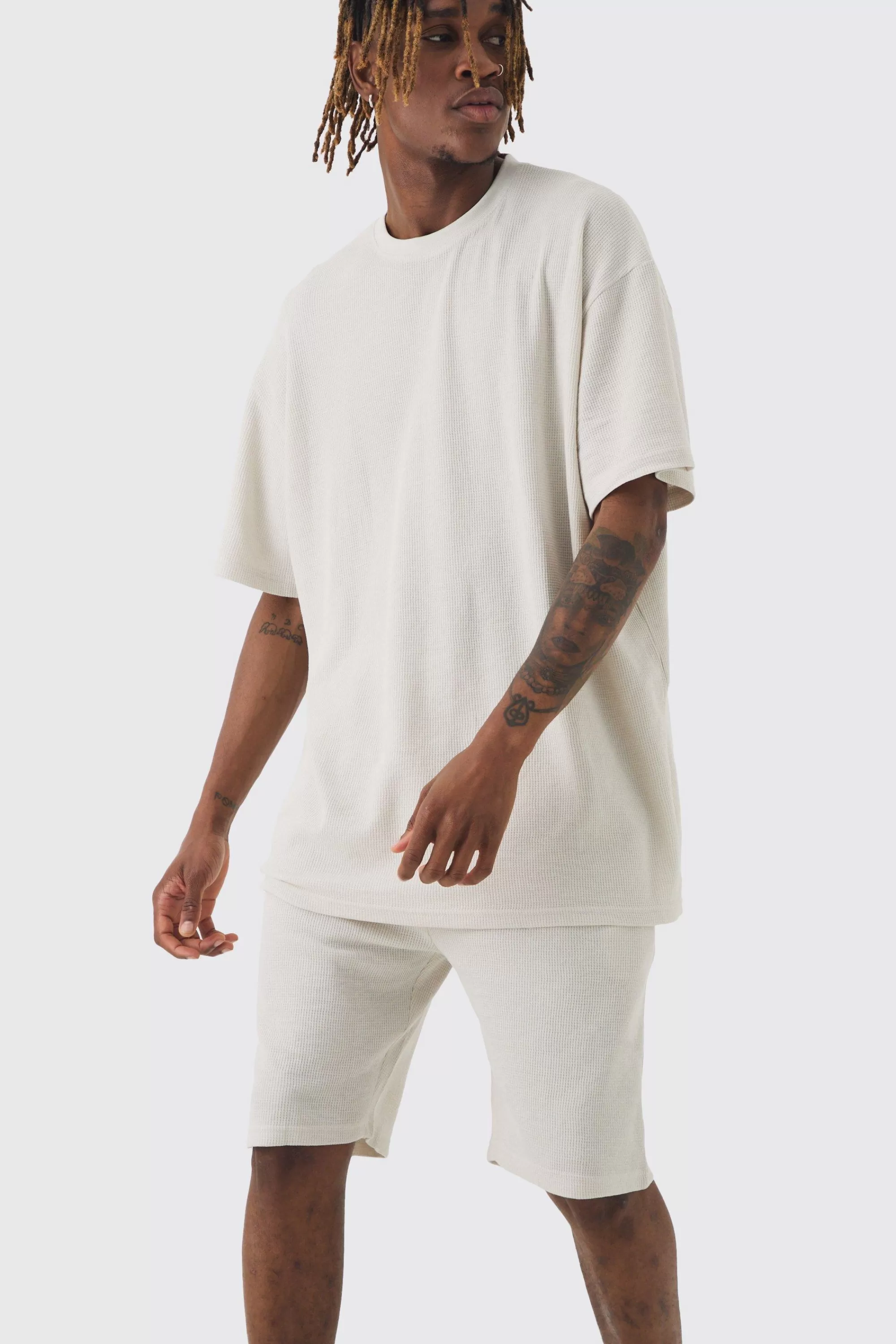 boohooMAN Tall Oversized Waffle Lounge Short Set In | UK