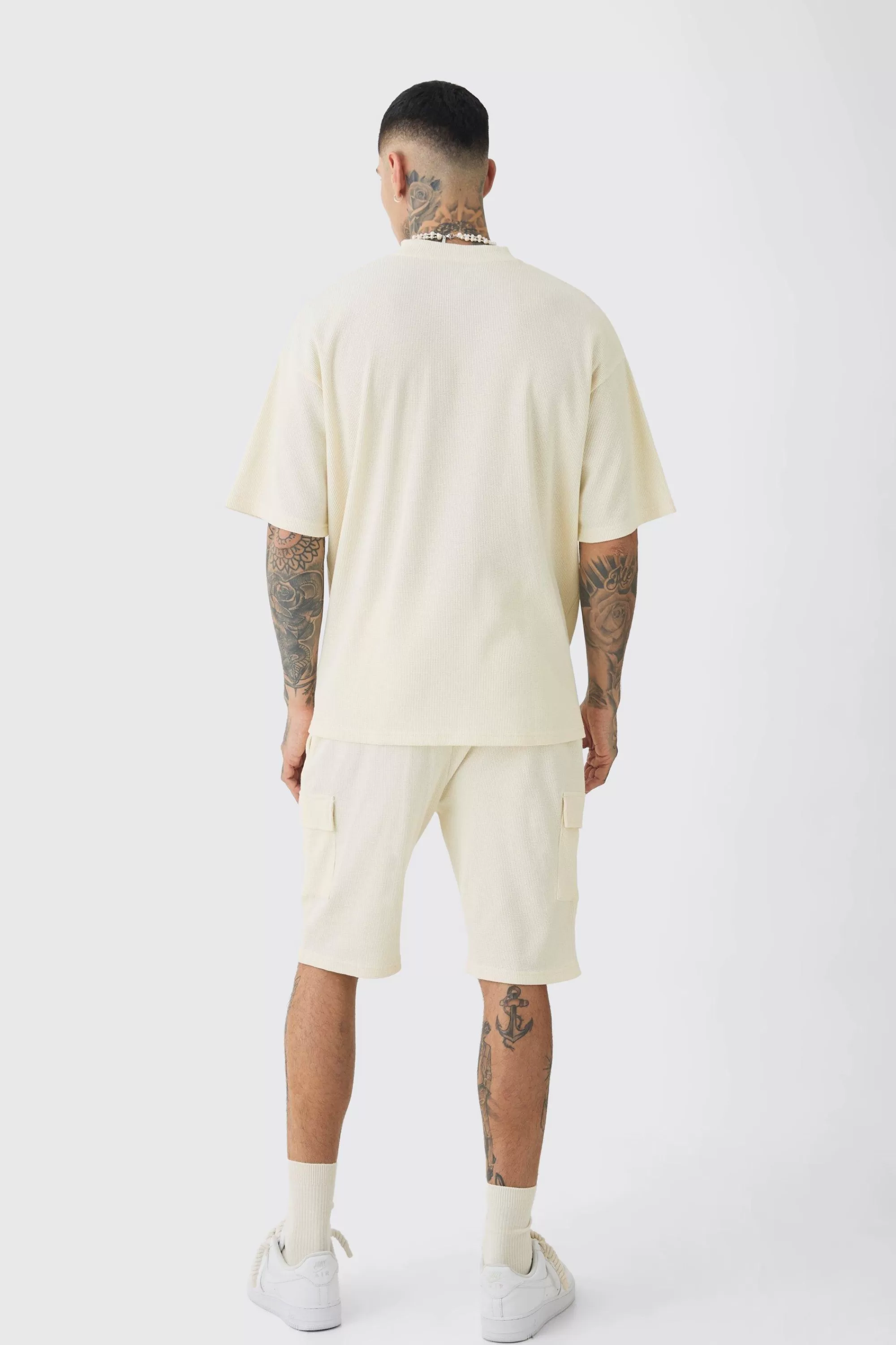boohooMAN Tall Oversized Waffle T-shirt & Cargo Short Set | UK