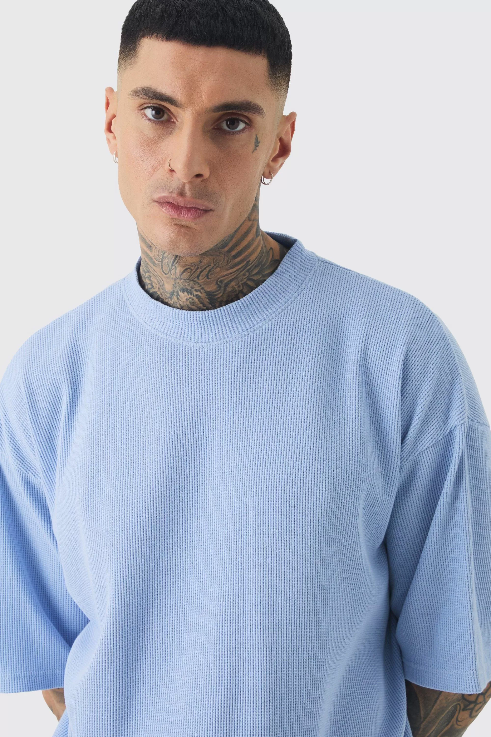 boohooMAN Tall Oversized Waffle T-shirt & Cargo Short Set | UK