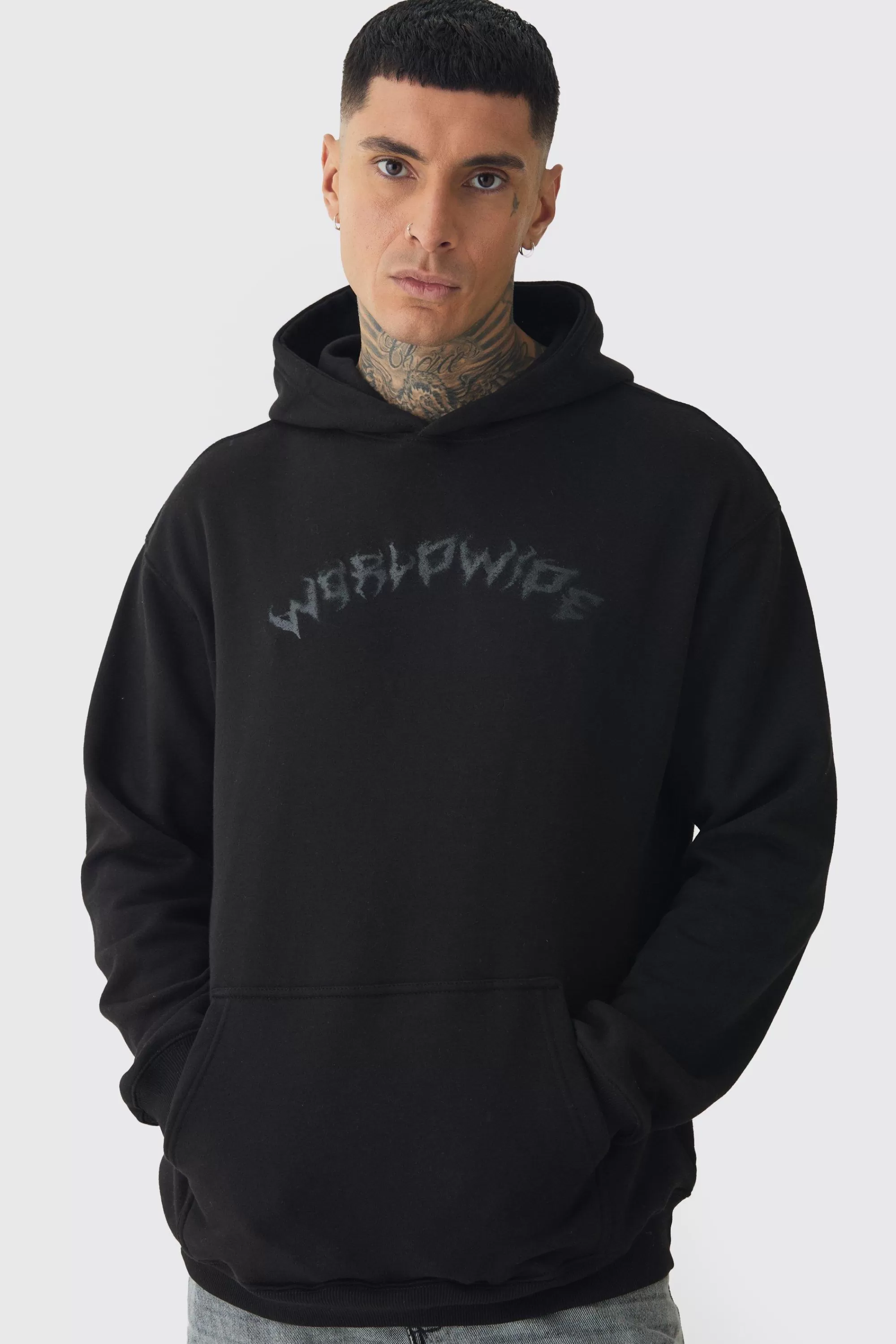 boohooMAN Tall Oversized Worldwide Gothic Cross Print Hoodie | UK