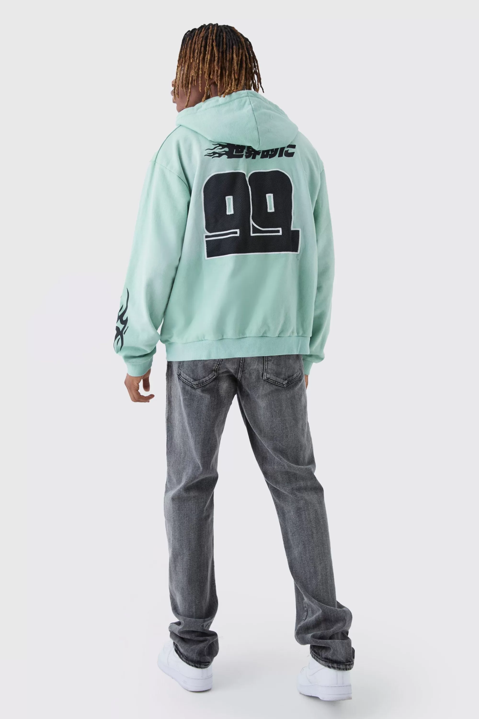 boohooMAN Tall Oversized Zip Thru Heavy Washed Applique Hoodie | UK