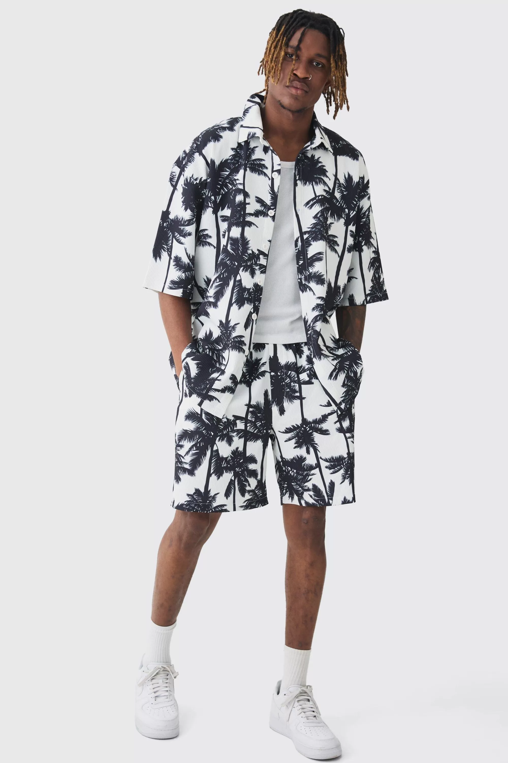 boohooMAN Tall Palm Printed Oversized Short Sleeve Pleated Shirt & Short Set | UK