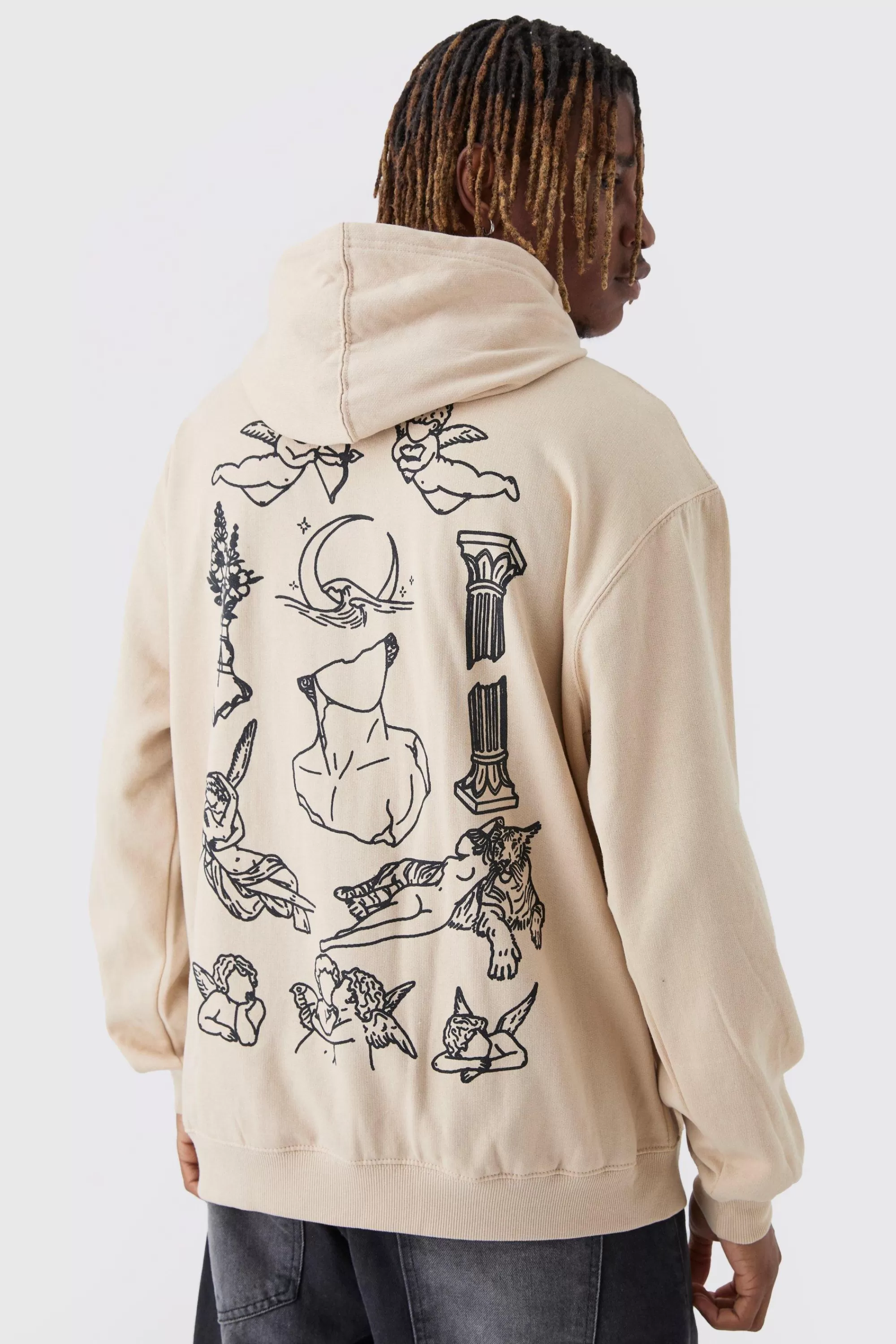 boohooMAN Tall Patchwork Tattoo Print Oversized Hoodie | UK