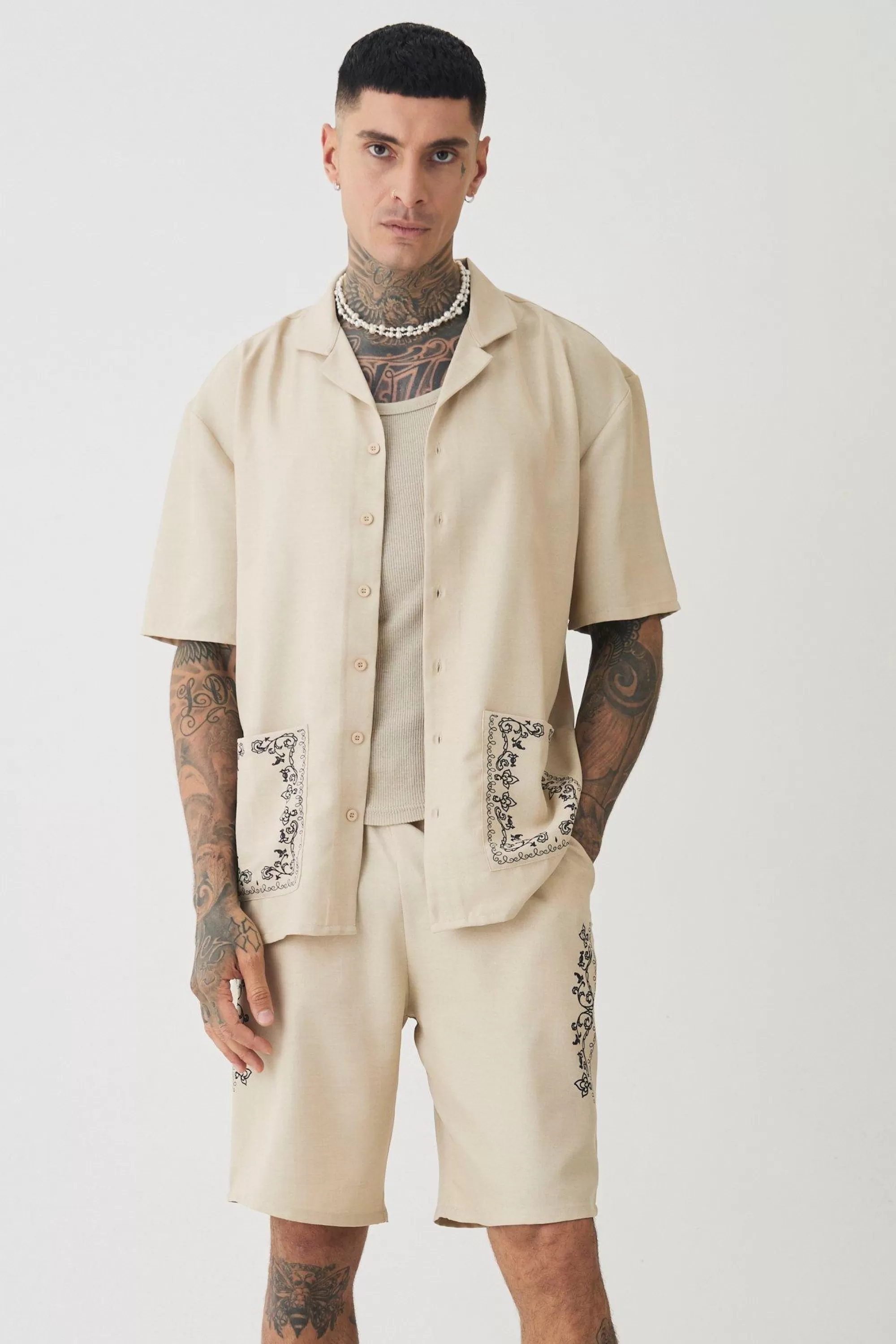 boohooMAN Tall Pocket Detail Smart Linen Look Shirt & Short Set | UK