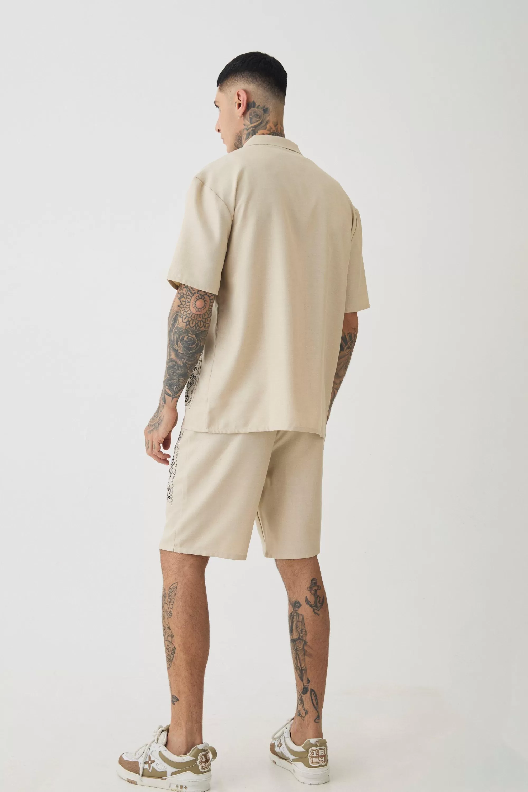 boohooMAN Tall Pocket Detail Smart Linen Look Shirt & Short Set | UK
