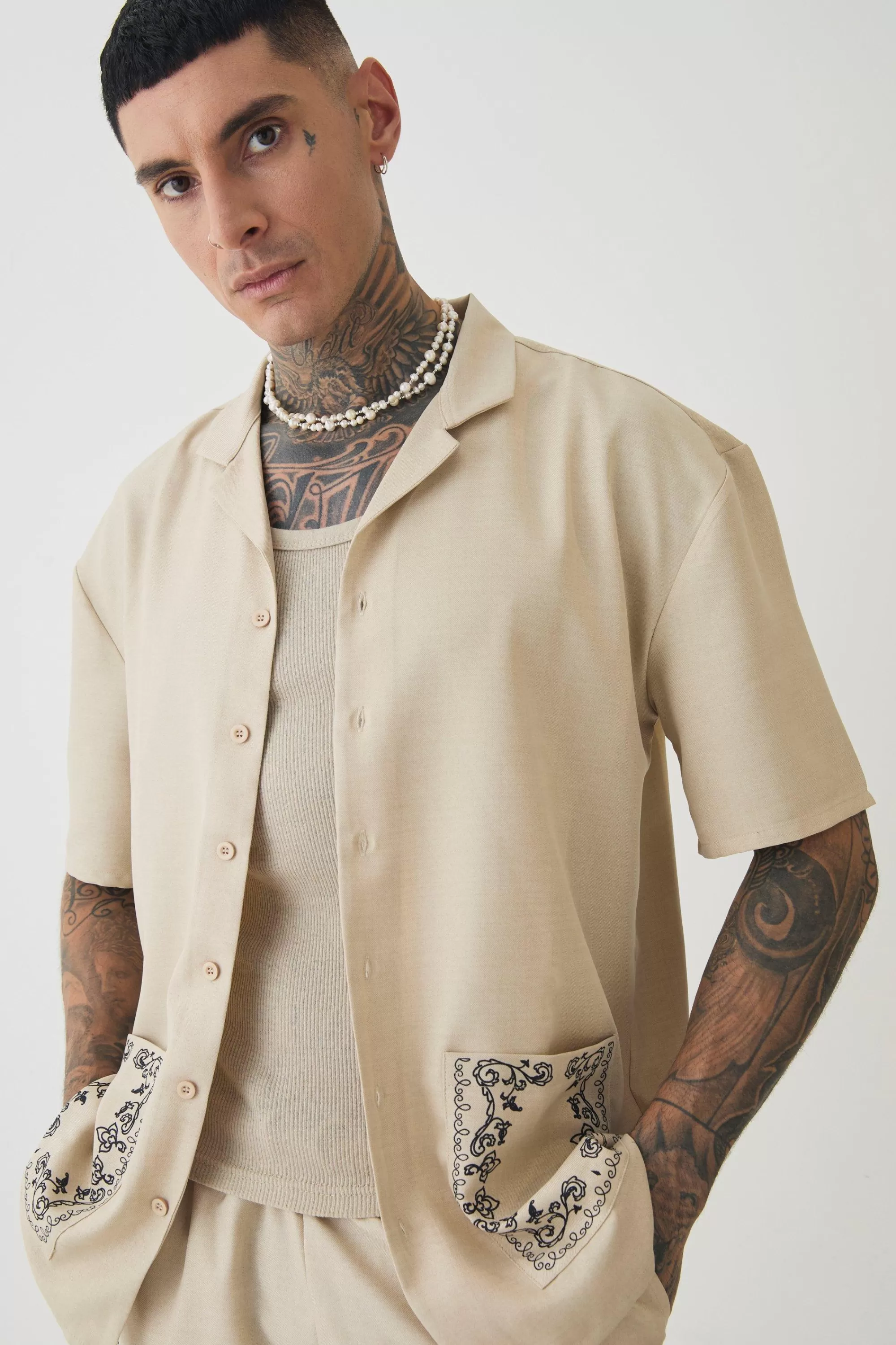 boohooMAN Tall Pocket Detail Smart Linen Look Shirt & Short Set | UK