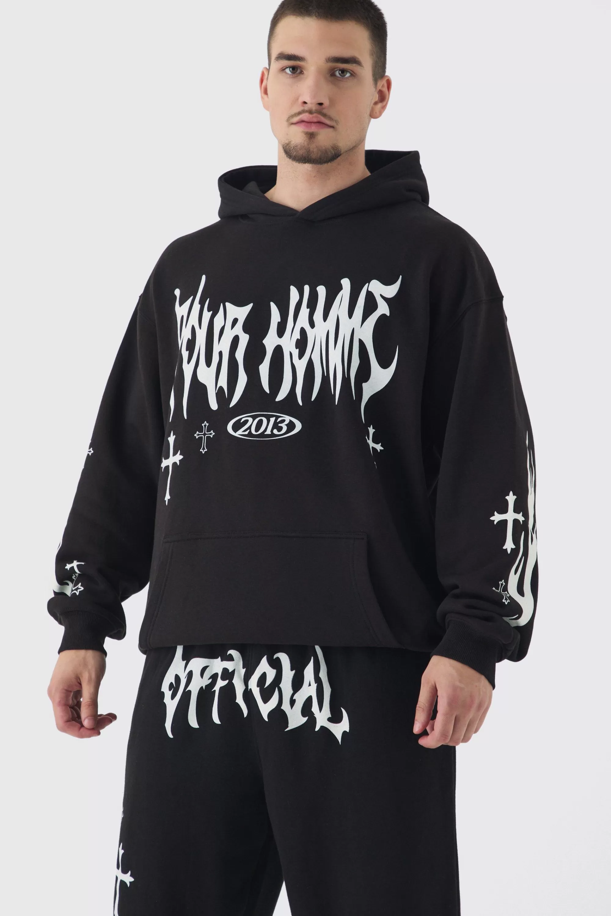 boohooMAN Tall Pour Homme Cross Print Oversized Tracksuit In | UK