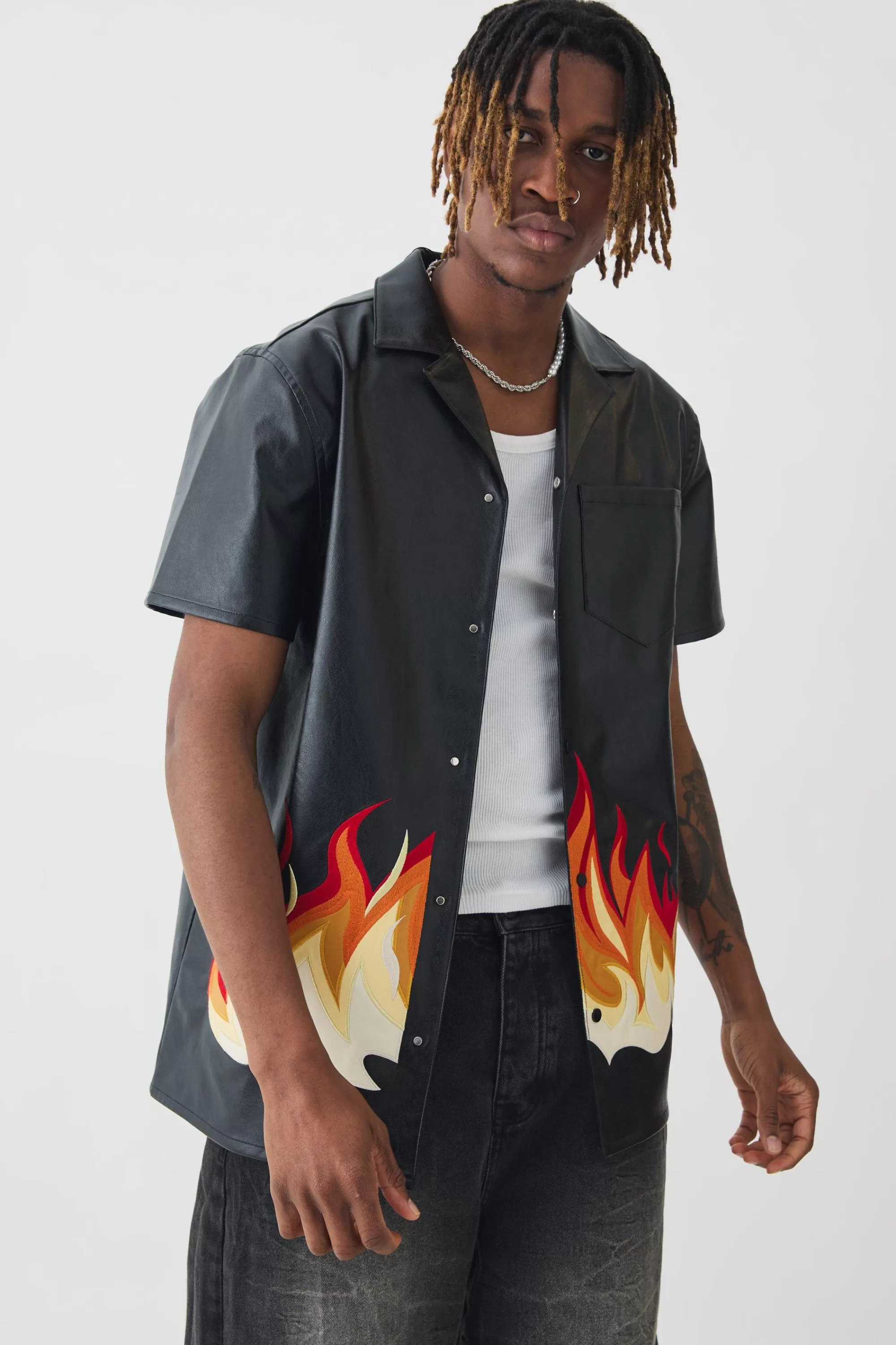 boohooMAN Tall PU Flame Embroidery Shirt | UK