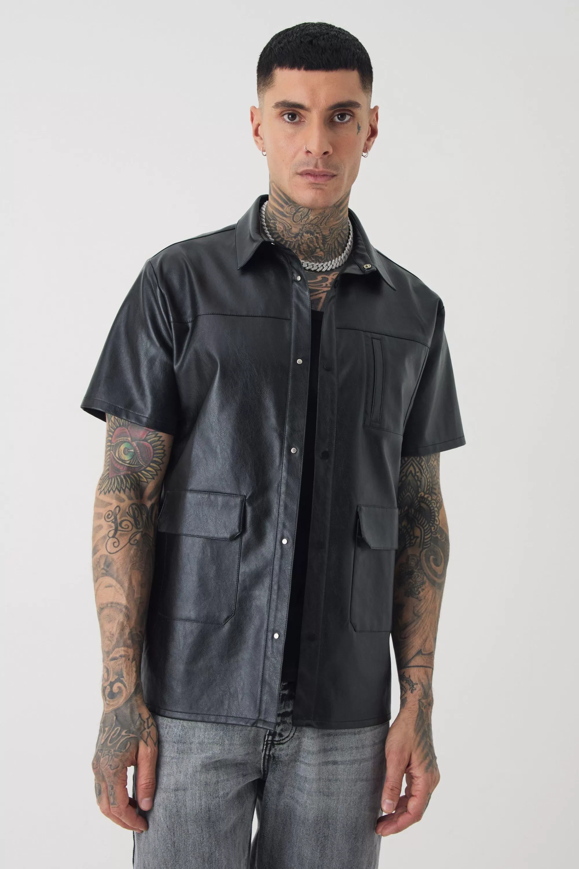 boohooMAN Tall PU Utility Pocket Shirt | UK
