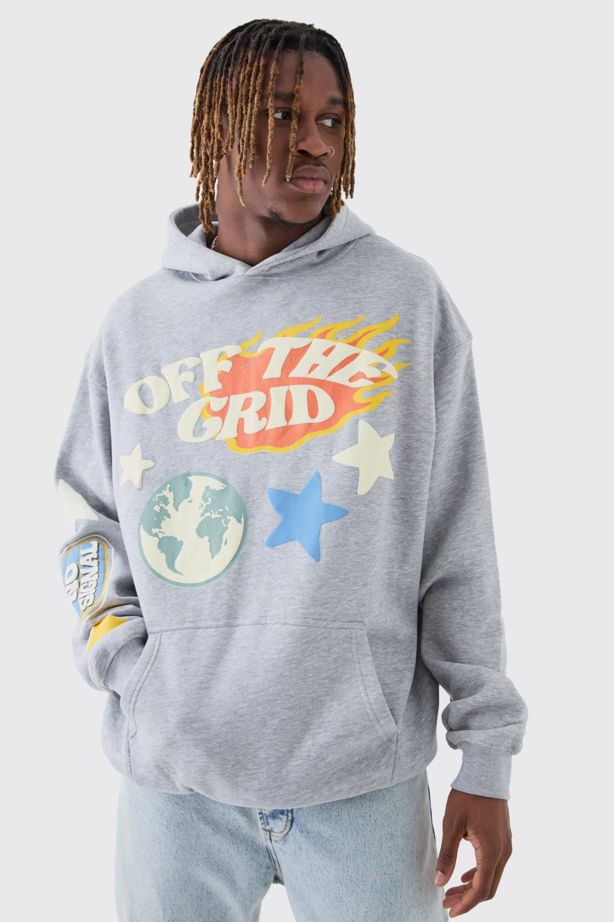 boohooMAN Tall Puff Print Off The Grid Overdyed Hoodie | UK