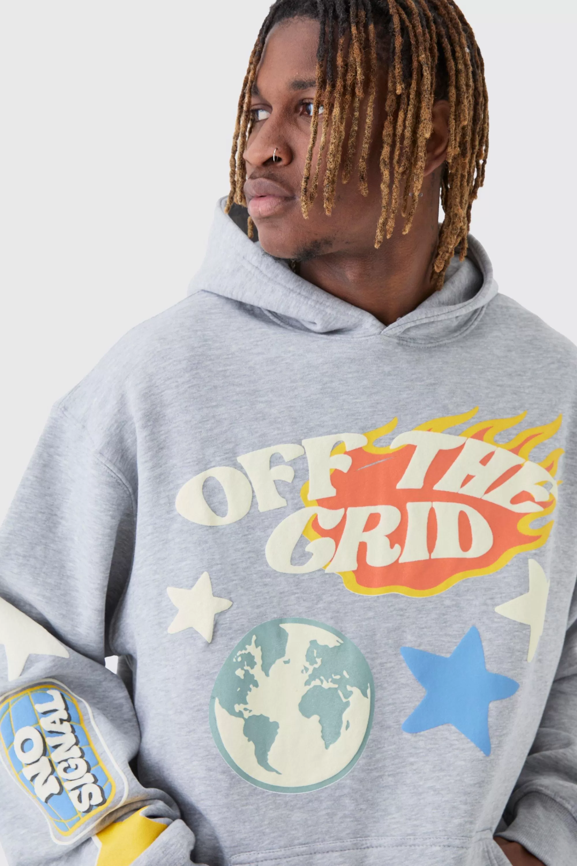 boohooMAN Tall Puff Print Off The Grid Overdyed Hoodie | UK