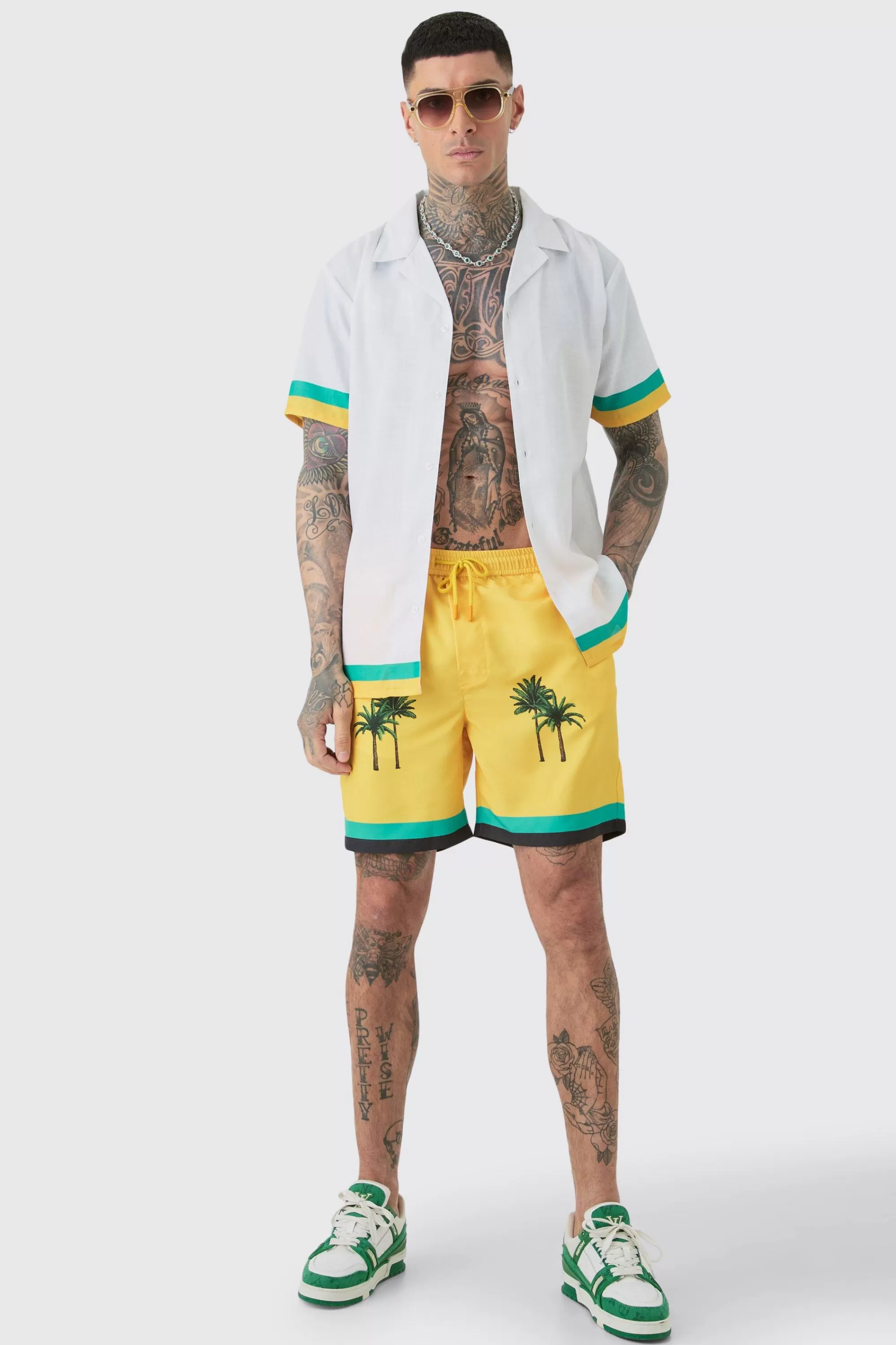boohooMAN Tall Regular Resort Print Shirt & Swim Short Set In | UK