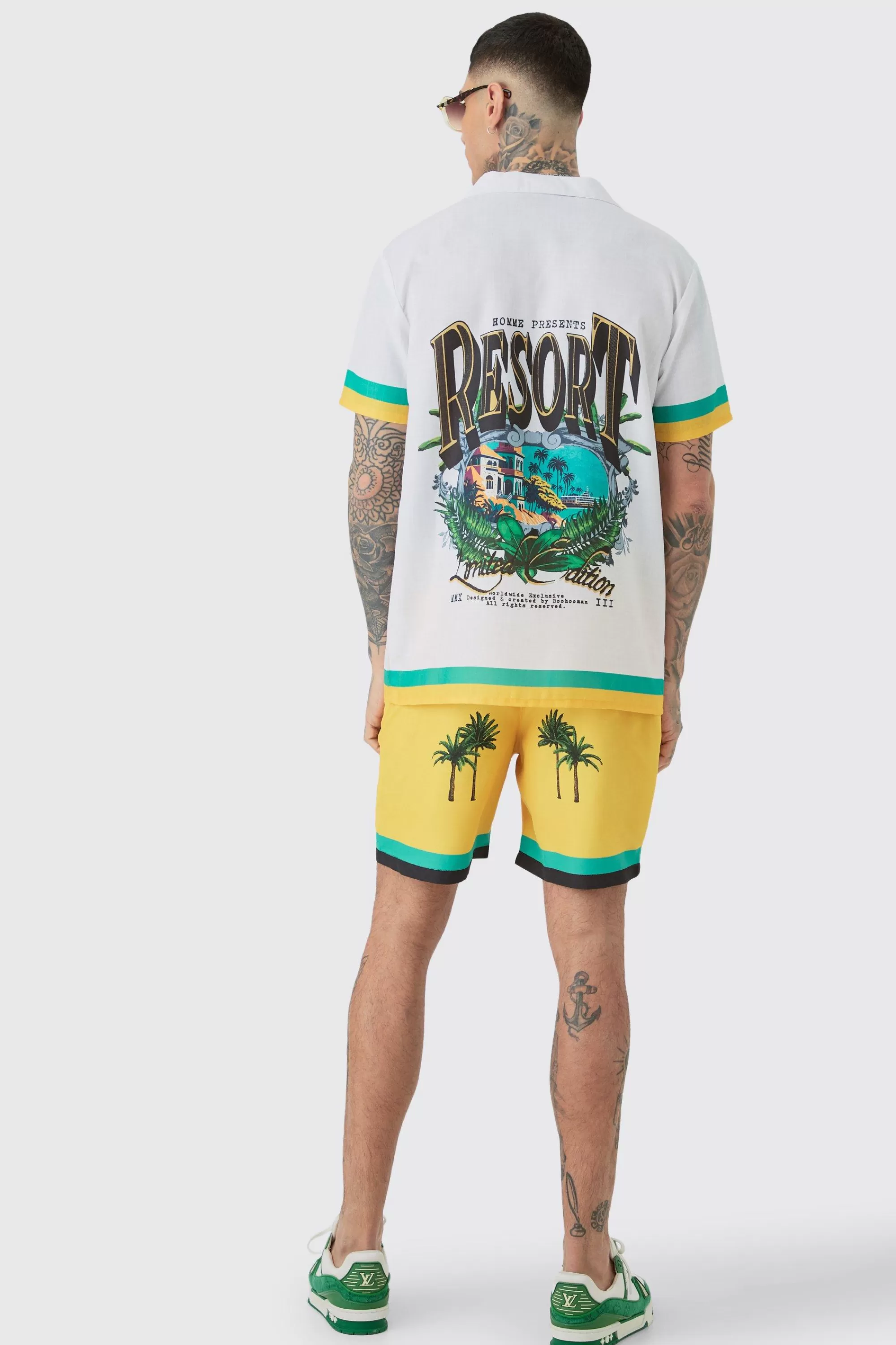 boohooMAN Tall Regular Resort Print Shirt & Swim Short Set In | UK