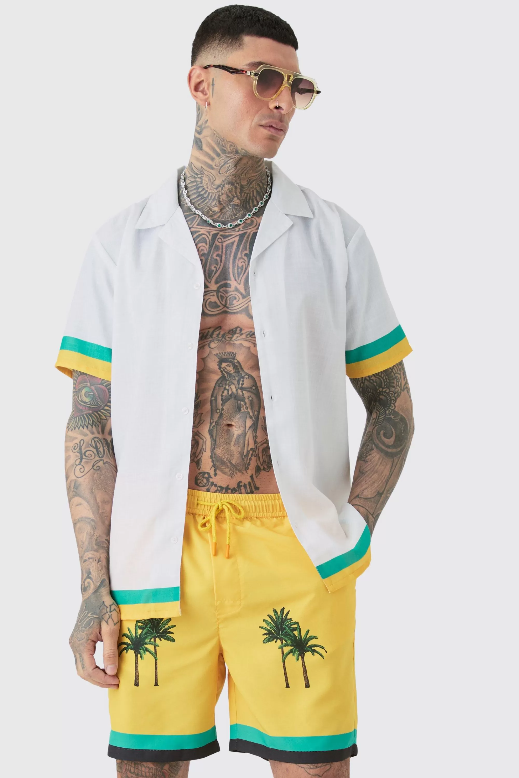 boohooMAN Tall Regular Resort Print Shirt & Swim Short Set In | UK
