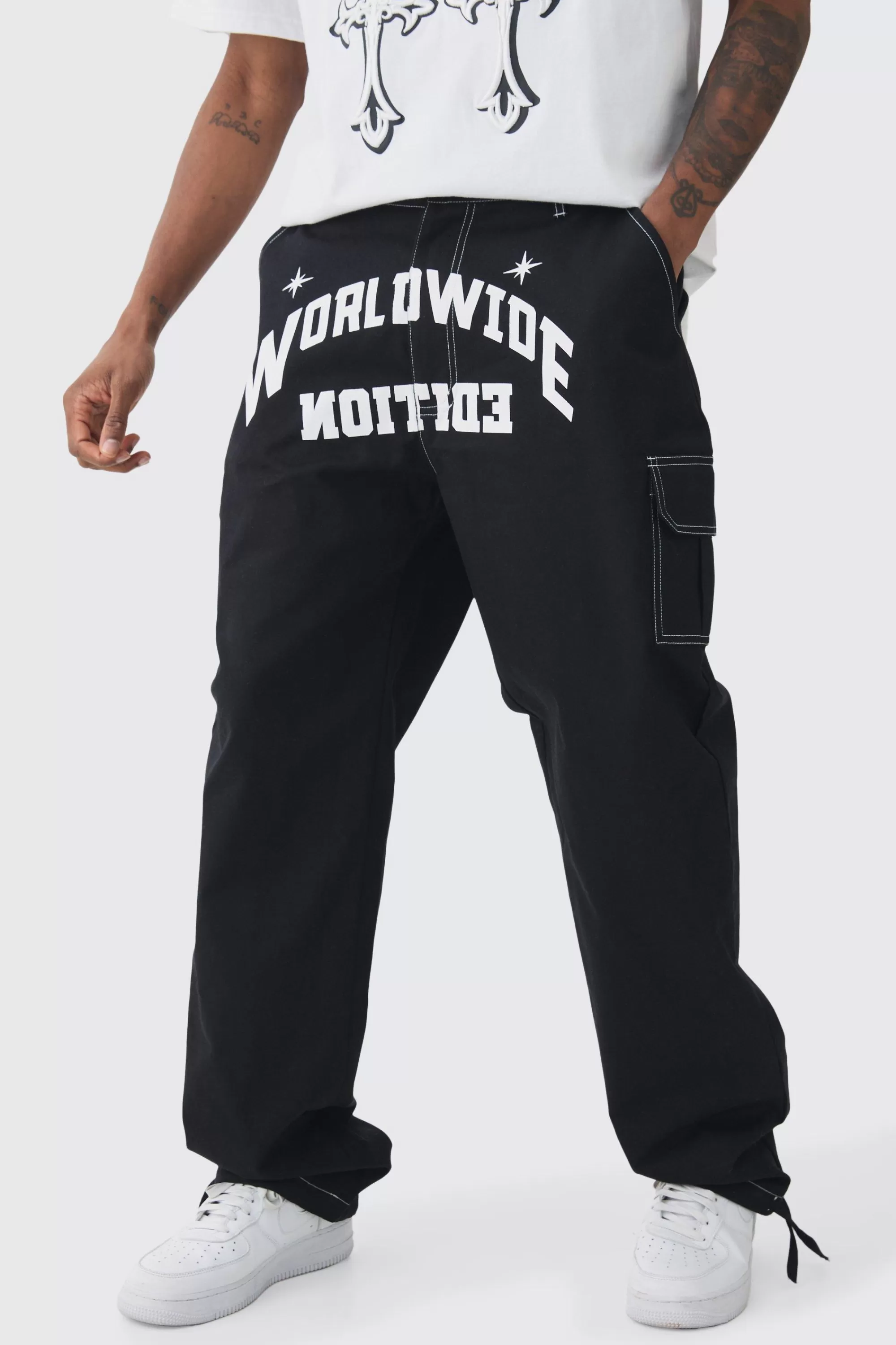 boohooMAN Tall Relaxed Cargo Worldwide Print Trouser | UK
