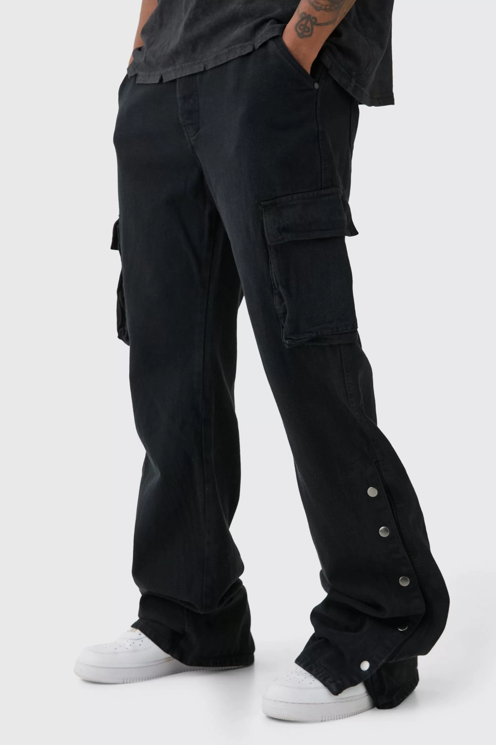boohooMAN Tall Relaxed Flare Overdye Popper Hem Cargo Trouser In | UK