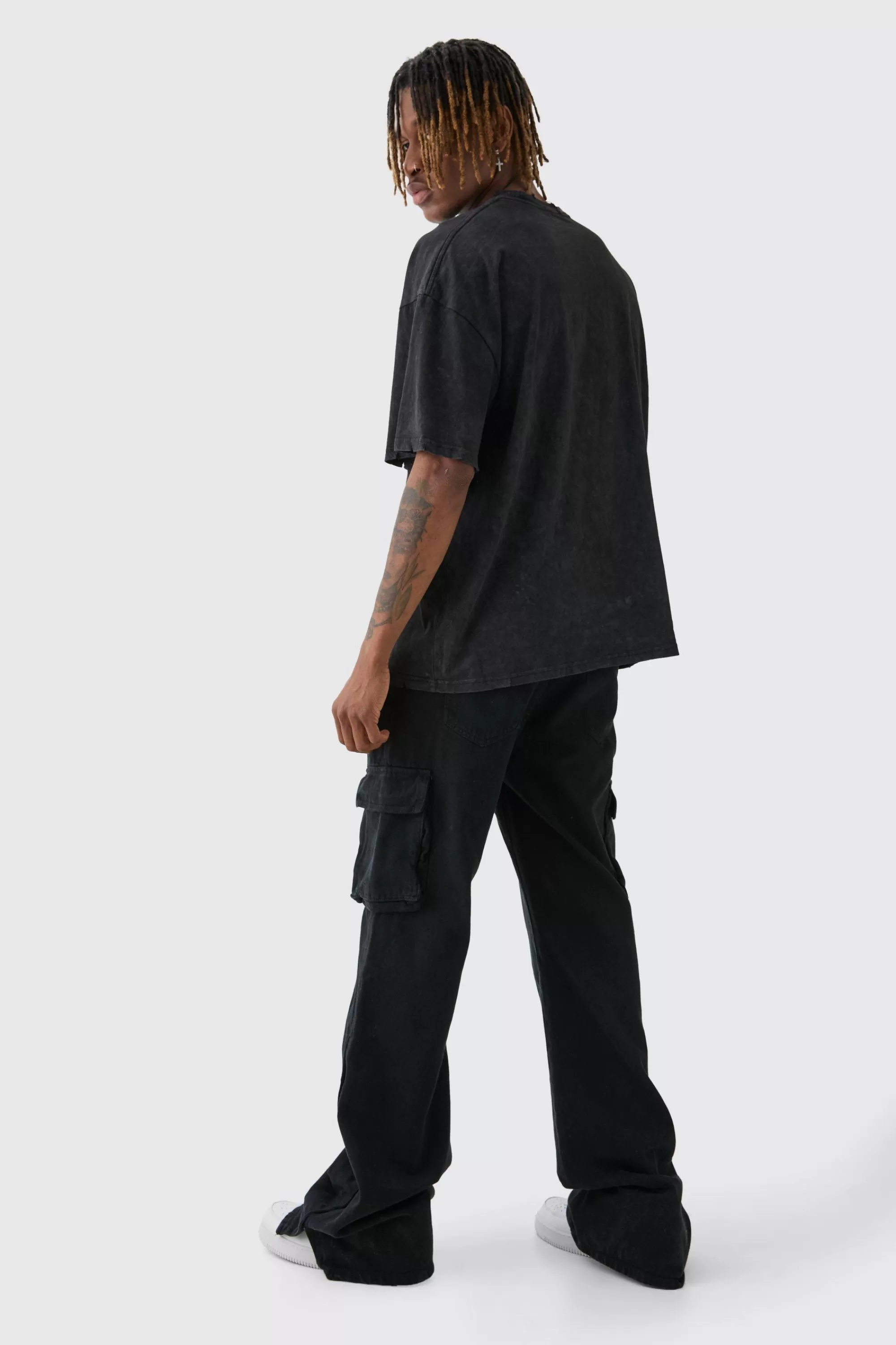 boohooMAN Tall Relaxed Flare Overdye Popper Hem Cargo Trouser In | UK