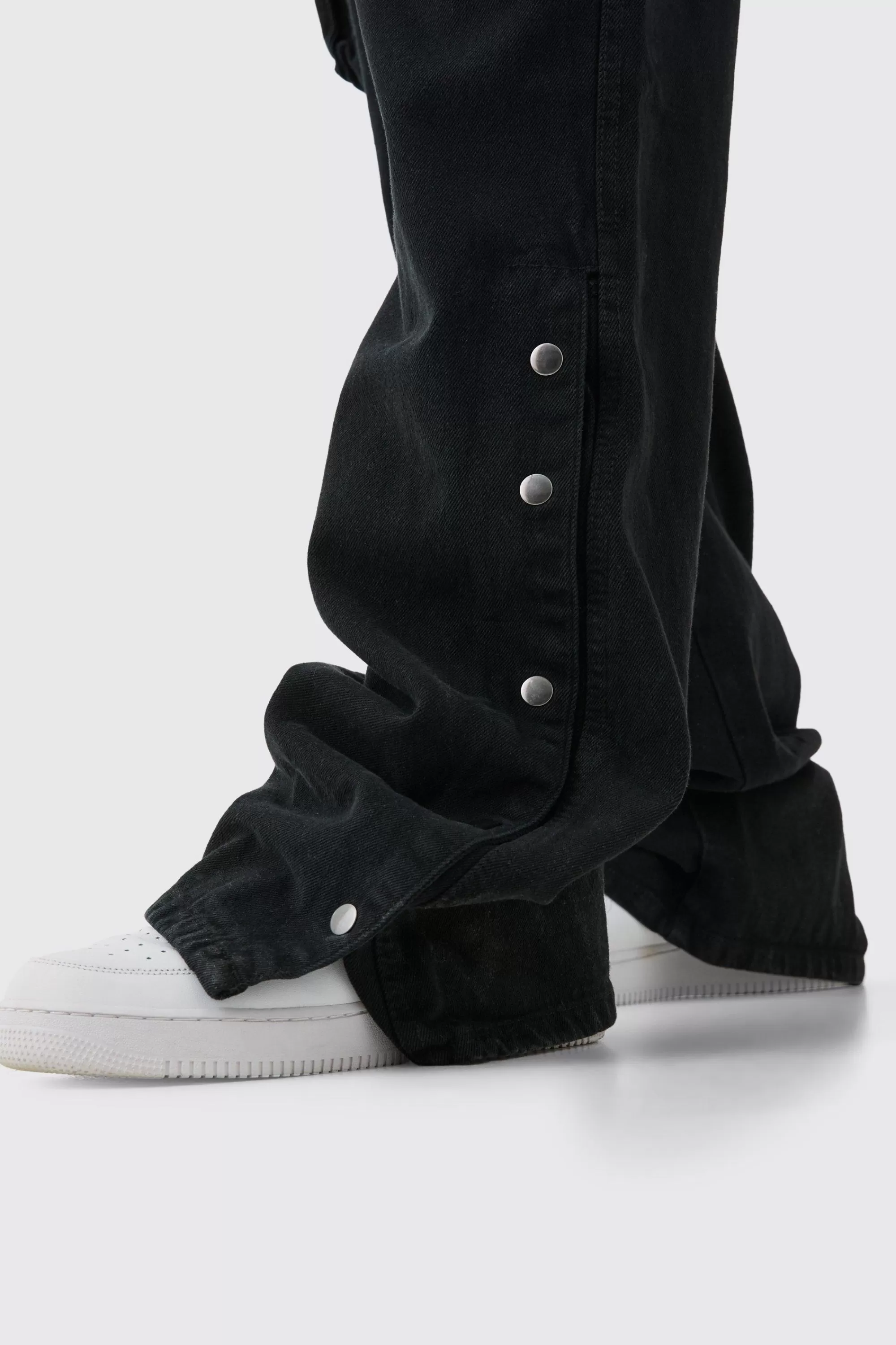 boohooMAN Tall Relaxed Flare Overdye Popper Hem Cargo Trouser In | UK