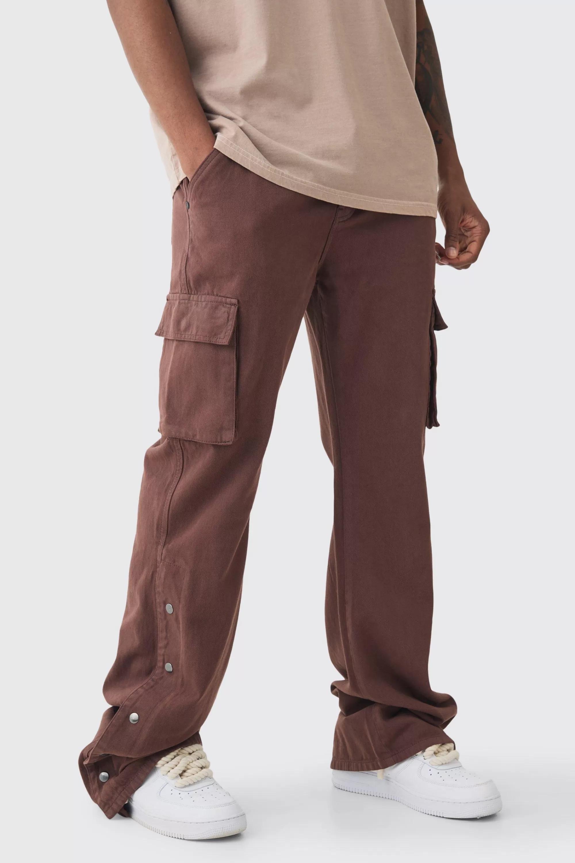 boohooMAN Tall Relaxed Flare Overdye Popper Hem Cargo Trouser In | UK
