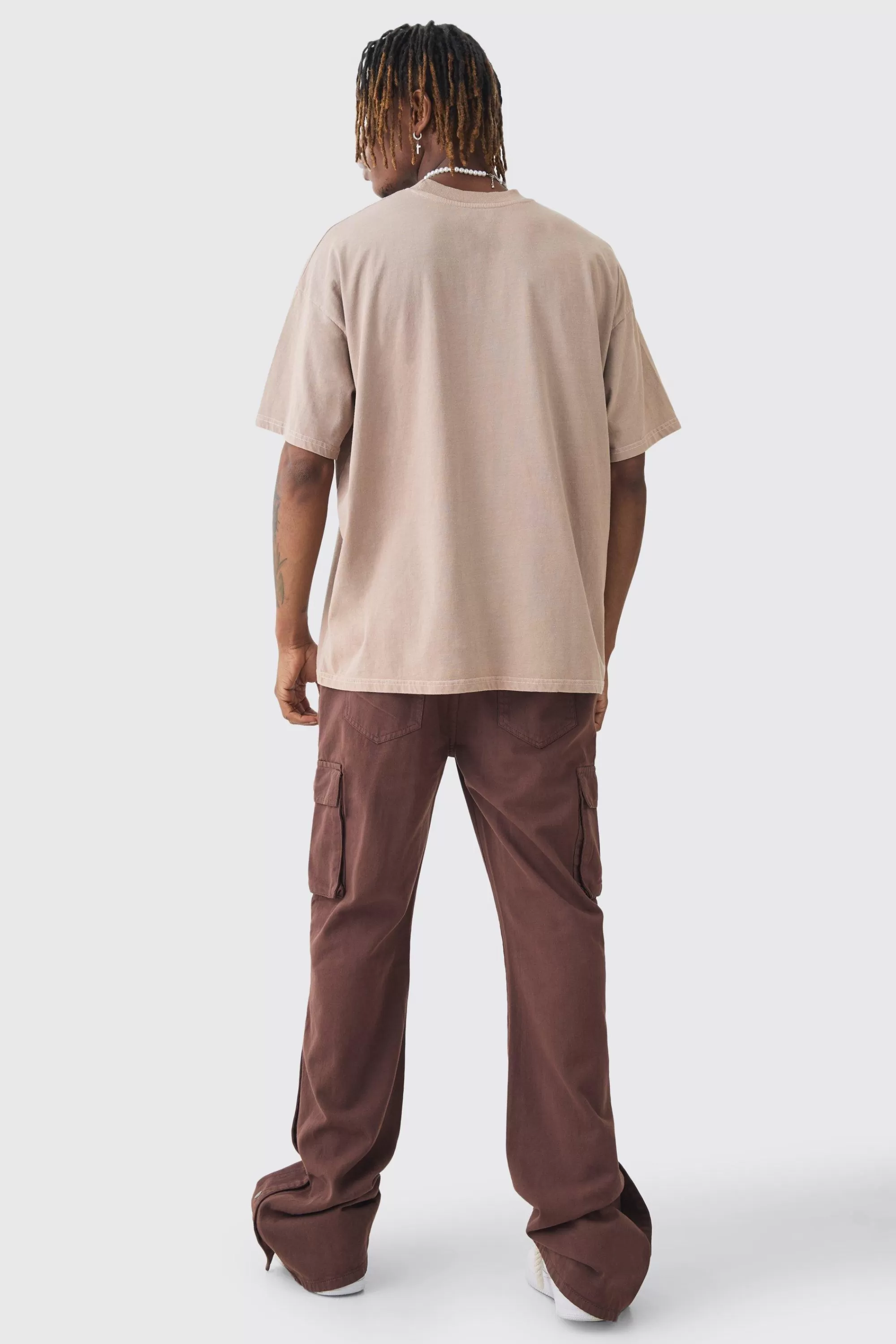 boohooMAN Tall Relaxed Flare Overdye Popper Hem Cargo Trouser In | UK