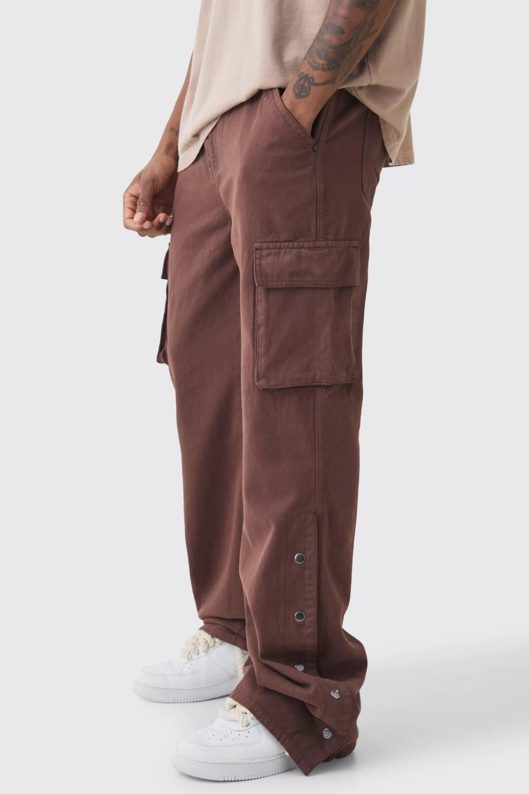 boohooMAN Tall Relaxed Flare Overdye Popper Hem Cargo Trouser In | UK