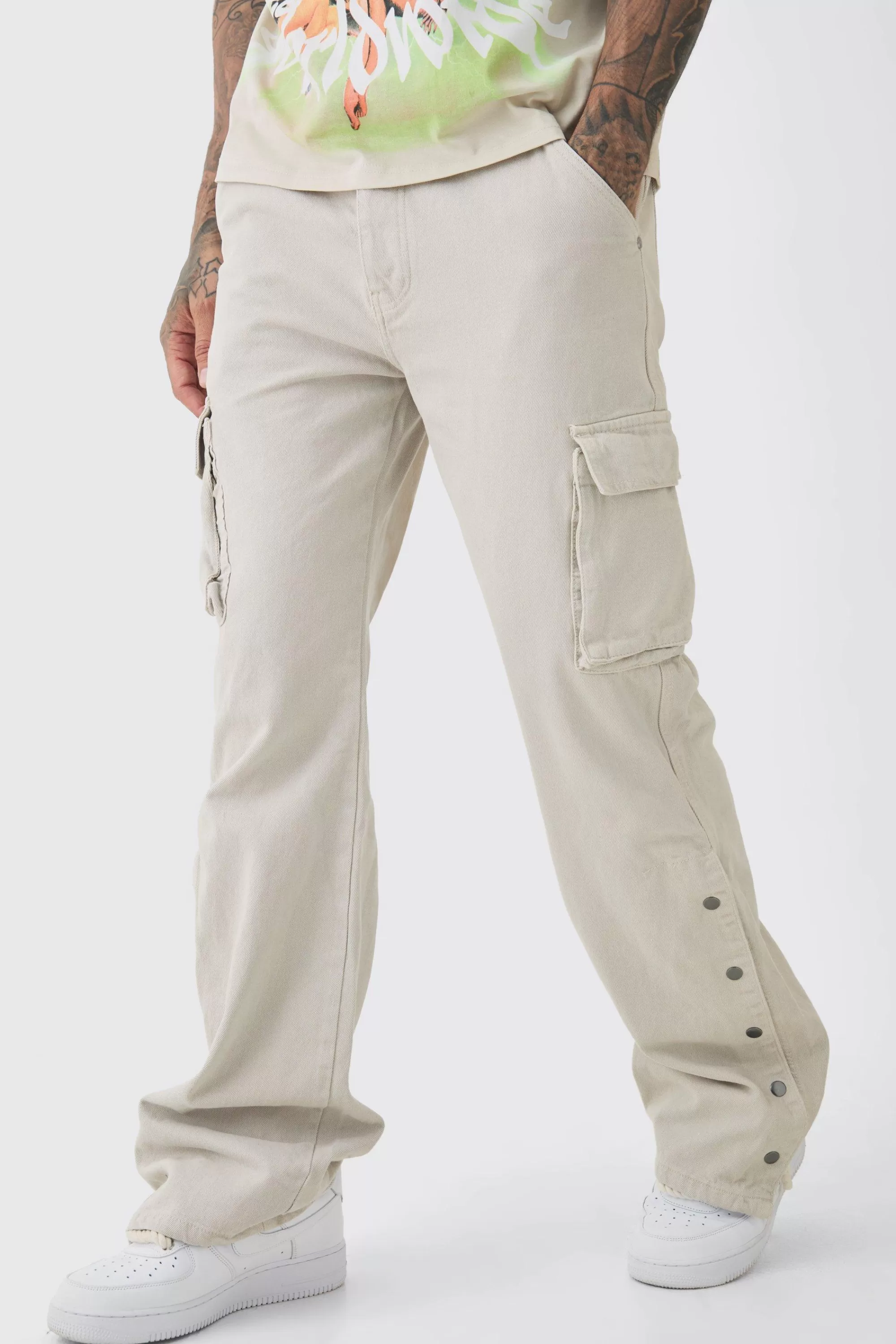 boohooMAN Tall Relaxed Flare Overdye Popper Hem Cargo Trouser In | UK