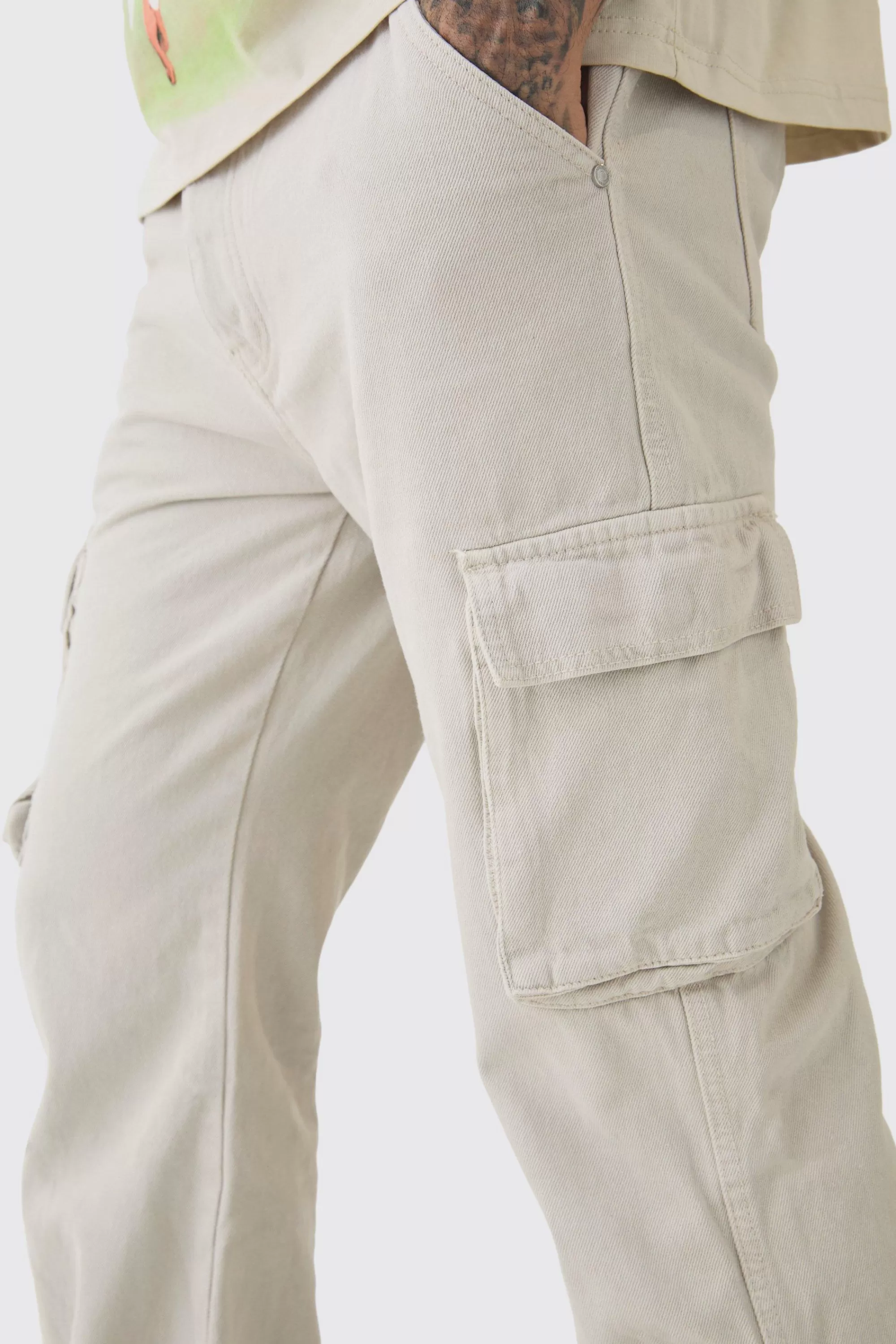 boohooMAN Tall Relaxed Flare Overdye Popper Hem Cargo Trouser In | UK