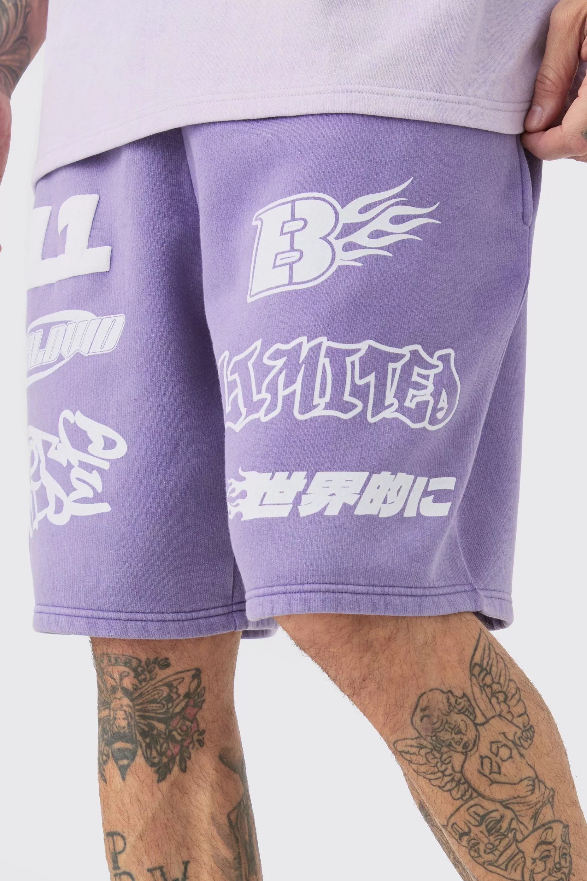 boohooMAN Tall Relaxed Moto Puff Print Washed Shorts | UK