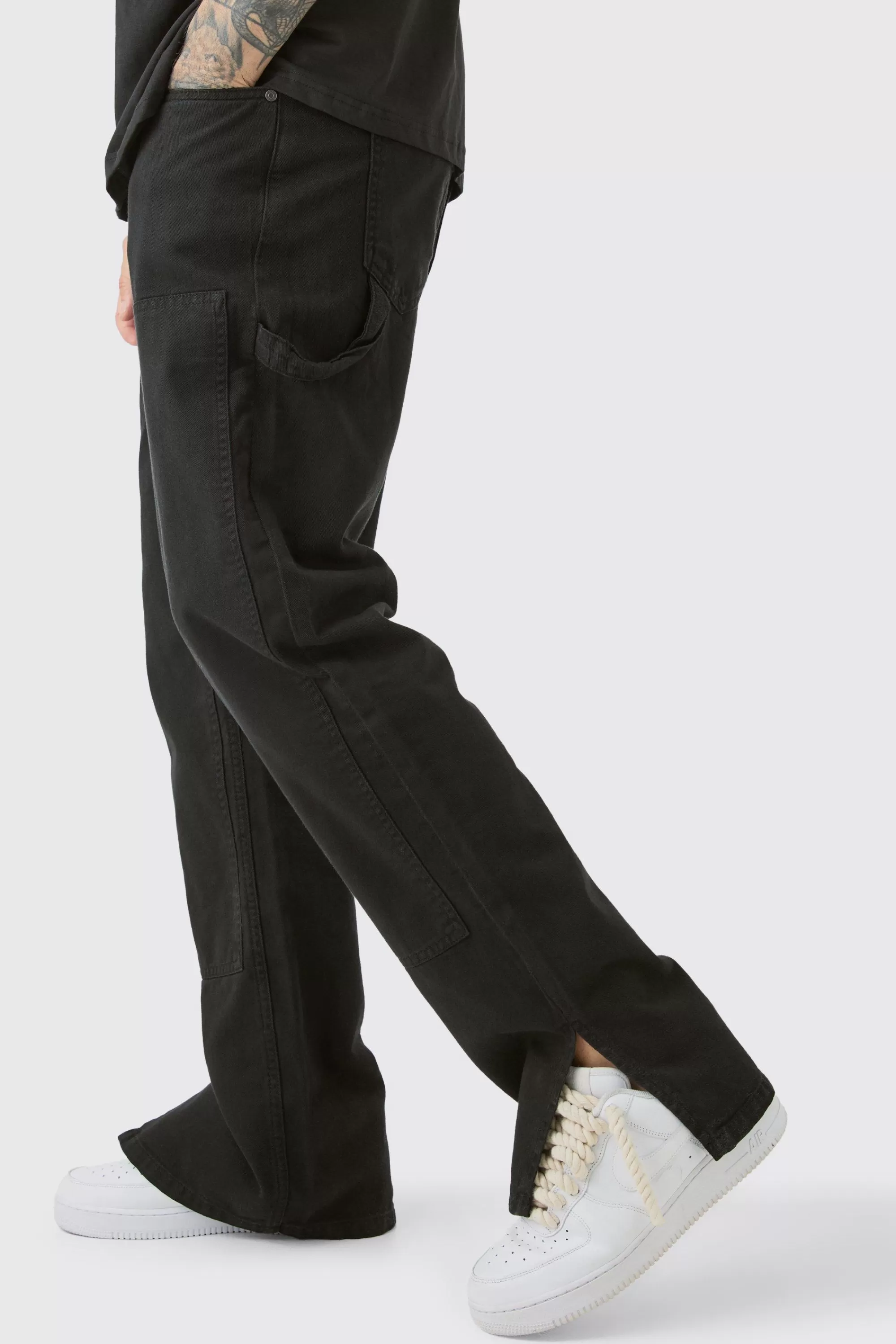 boohooMAN Tall Relaxed Overdye Carpenter Split Hem Trouser In | UK