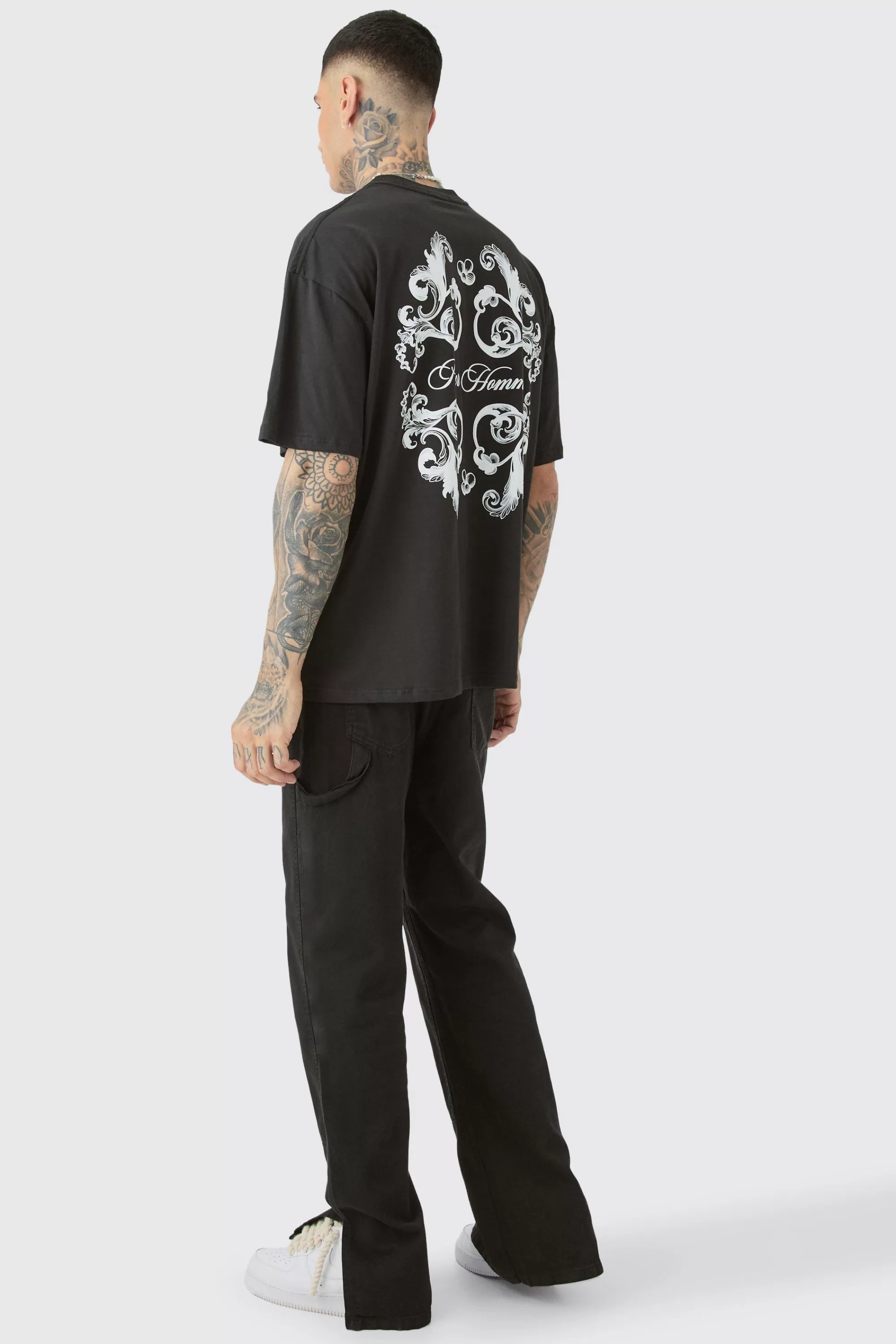 boohooMAN Tall Relaxed Overdye Carpenter Split Hem Trouser In | UK