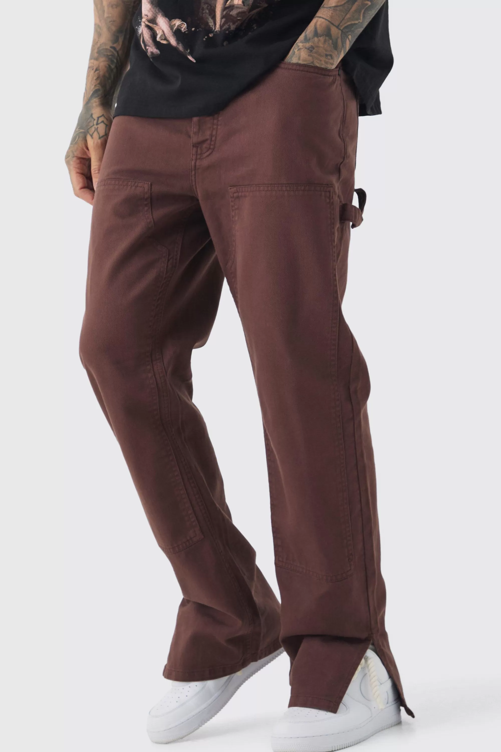 boohooMAN Tall Relaxed Overdye Carpenter Split Hem Trouser In | UK