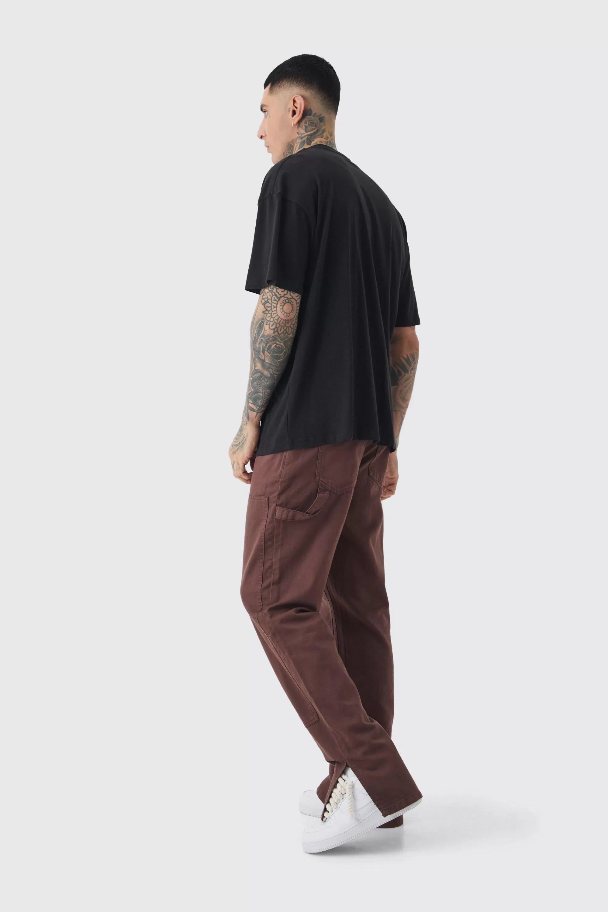 boohooMAN Tall Relaxed Overdye Carpenter Split Hem Trouser In | UK