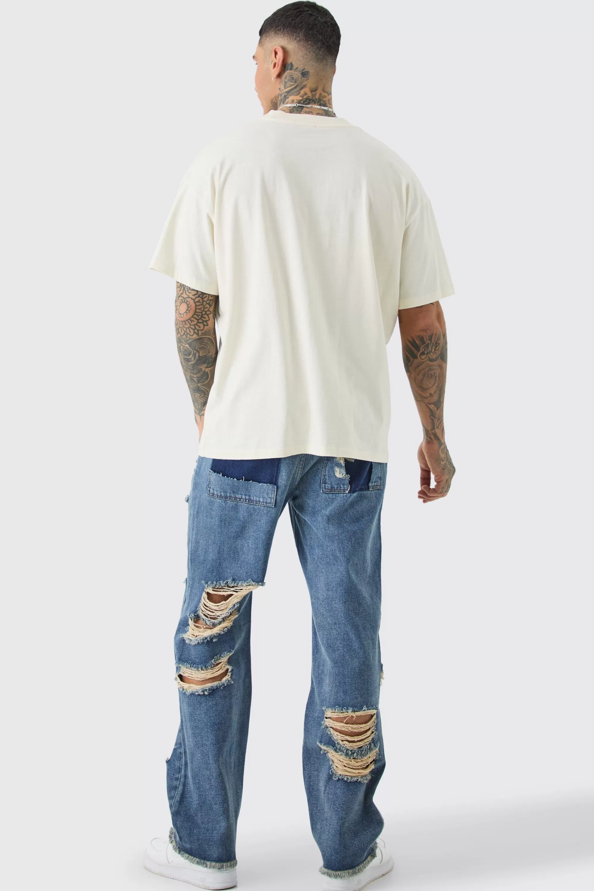 boohooMAN Tall Relaxed Rigid Distressed Jeans | UK