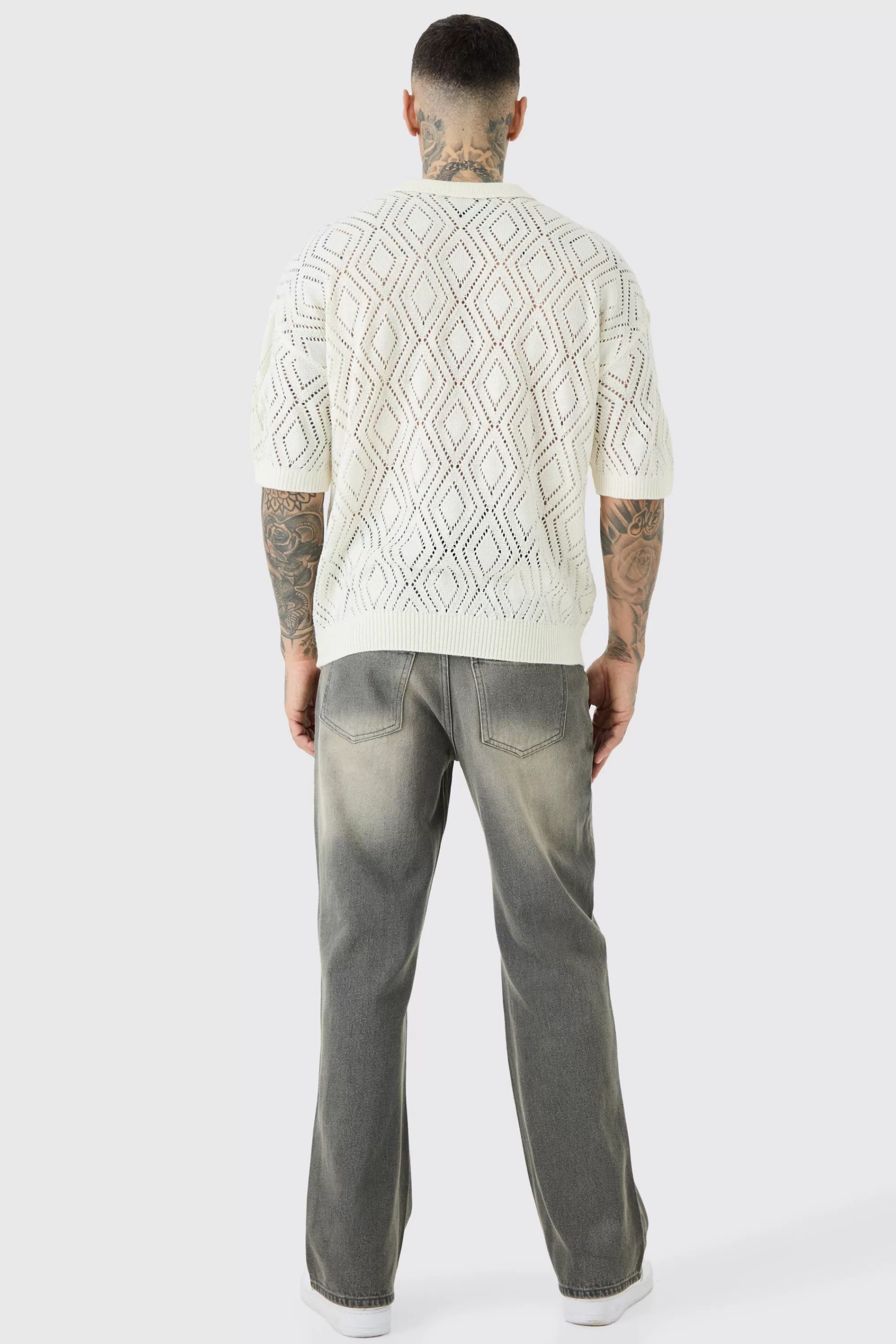 boohooMAN Tall Relaxed Rigid Flare Self Fabric Applique Gusset Jeans | UK