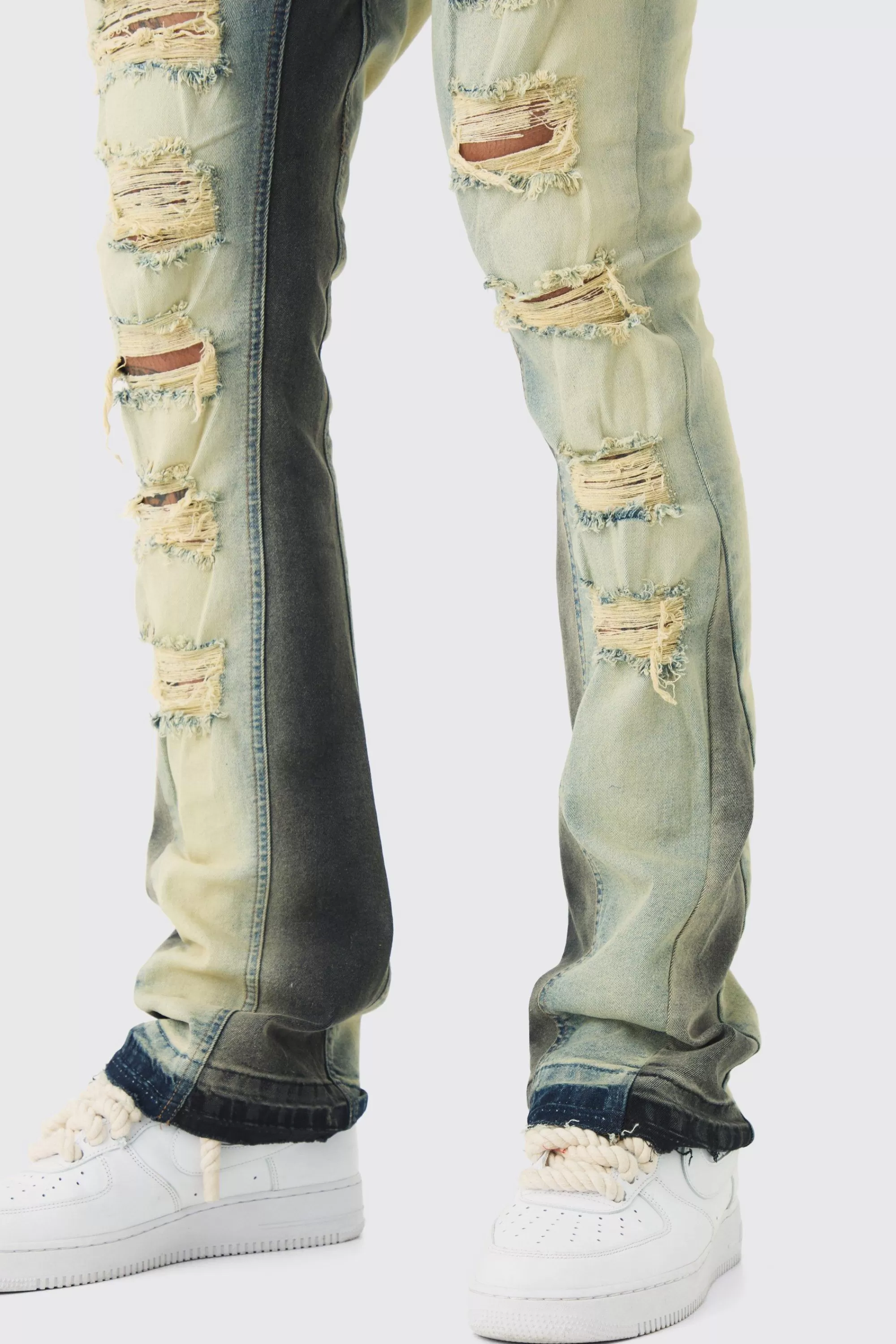 boohooMAN Tall Ripped Gusset Detail Stretch Skinny Flared Jeans | UK