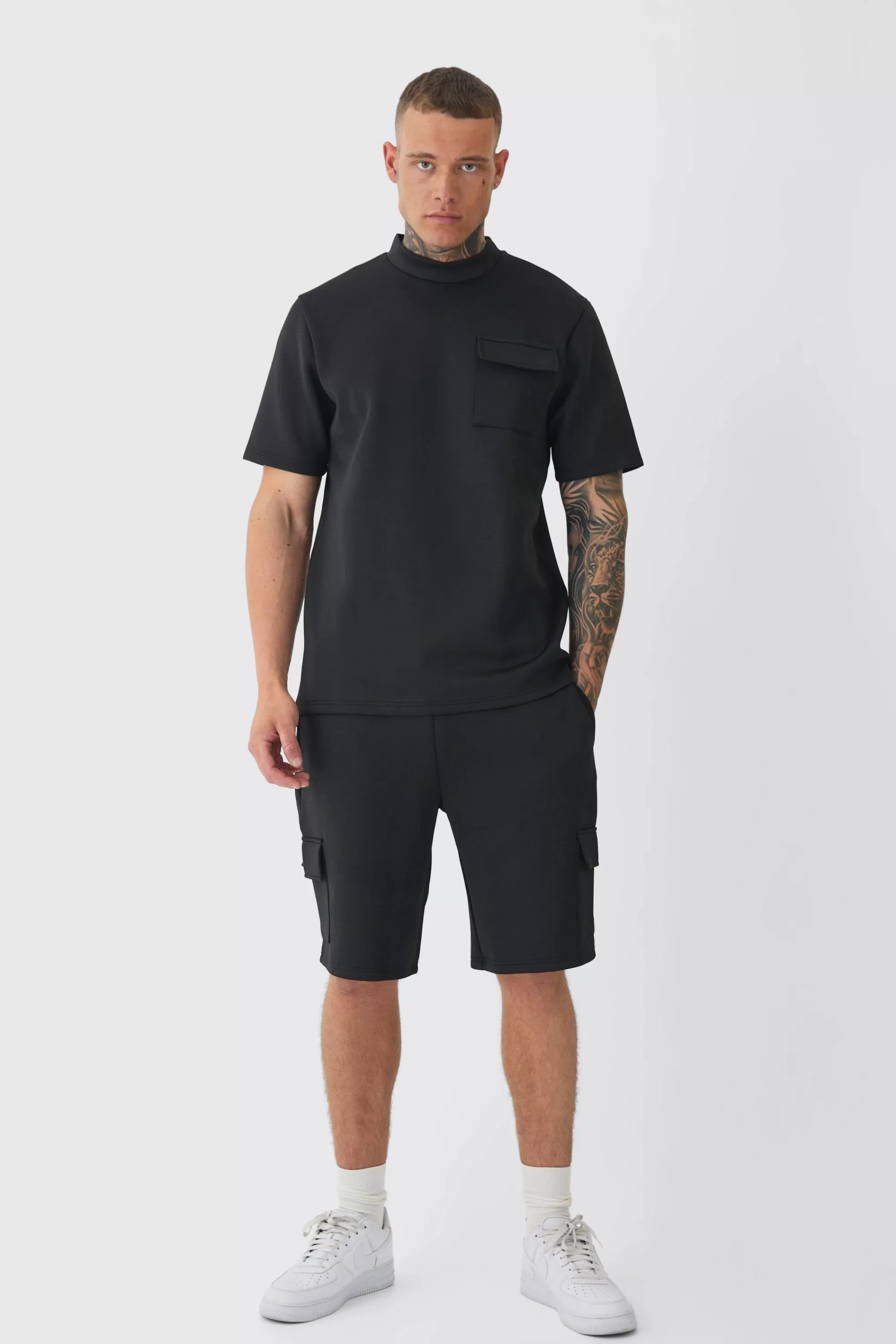boohooMAN Tall Scuba Extended Neck Pocket T-shirt & Cargo Short Set | UK