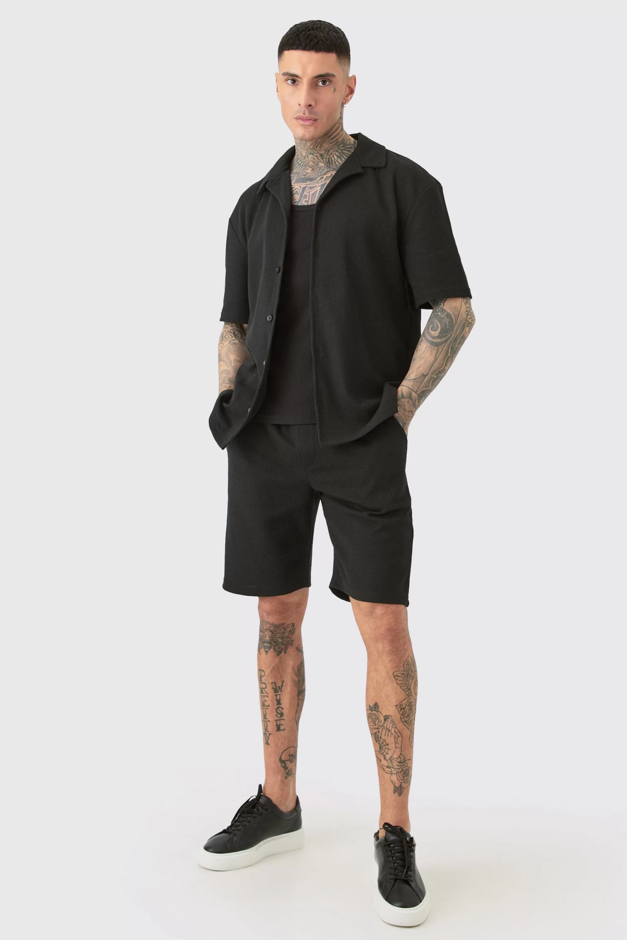 boohooMAN Tall Short Sleeve Drop Revere Shirt & Short Set In | UK
