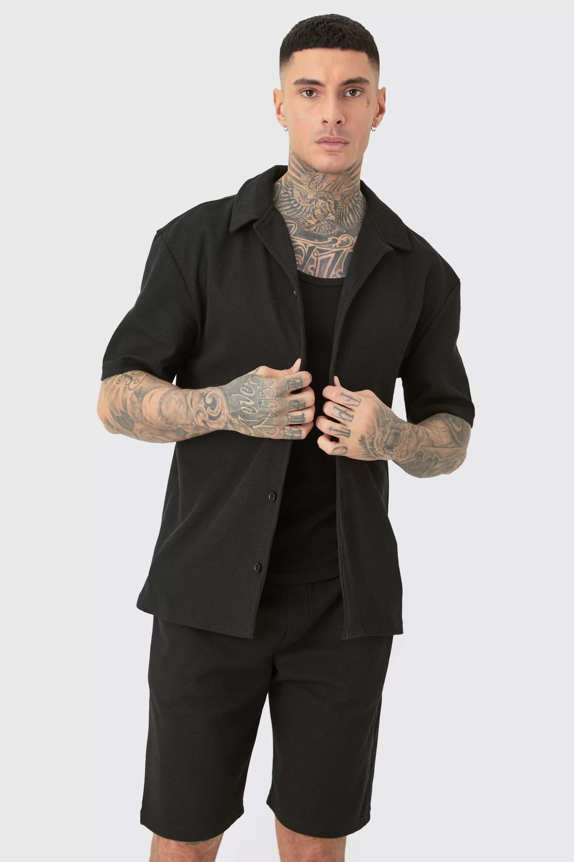boohooMAN Tall Short Sleeve Drop Revere Shirt & Short Set In | UK