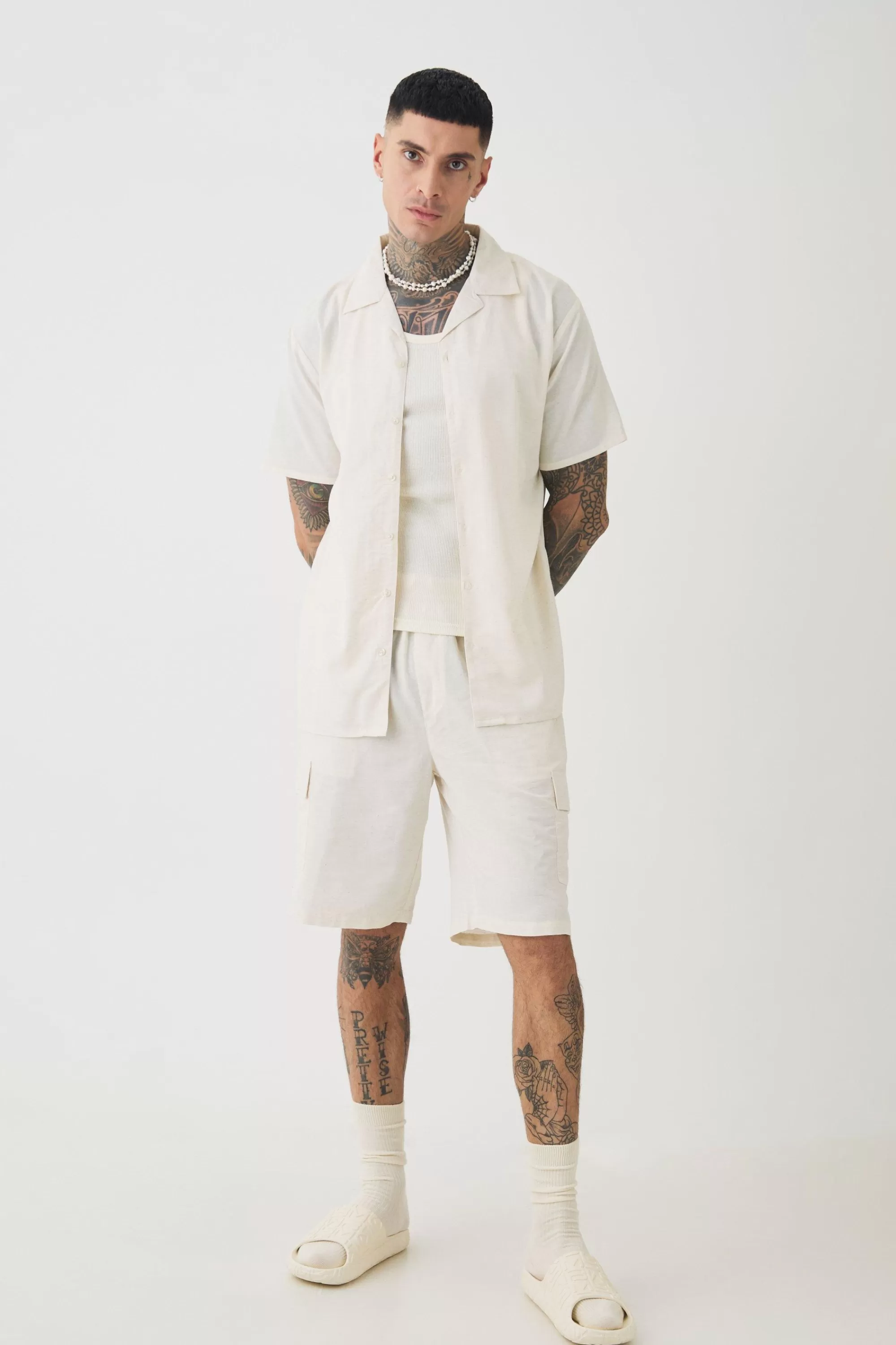 boohooMAN Tall Short Sleeve Linen Cargo Shirt & Short Set In | UK