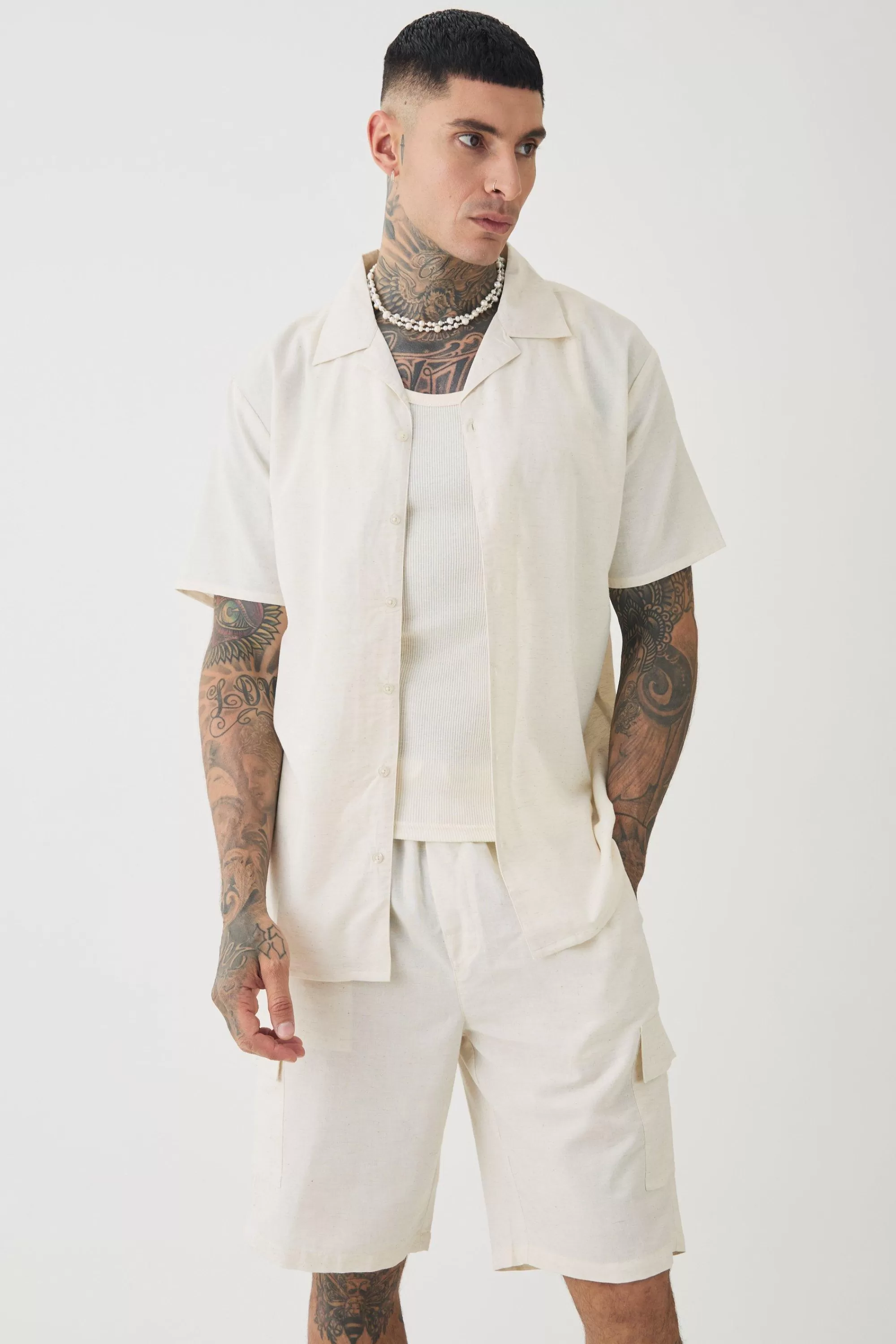 boohooMAN Tall Short Sleeve Linen Cargo Shirt & Short Set In | UK