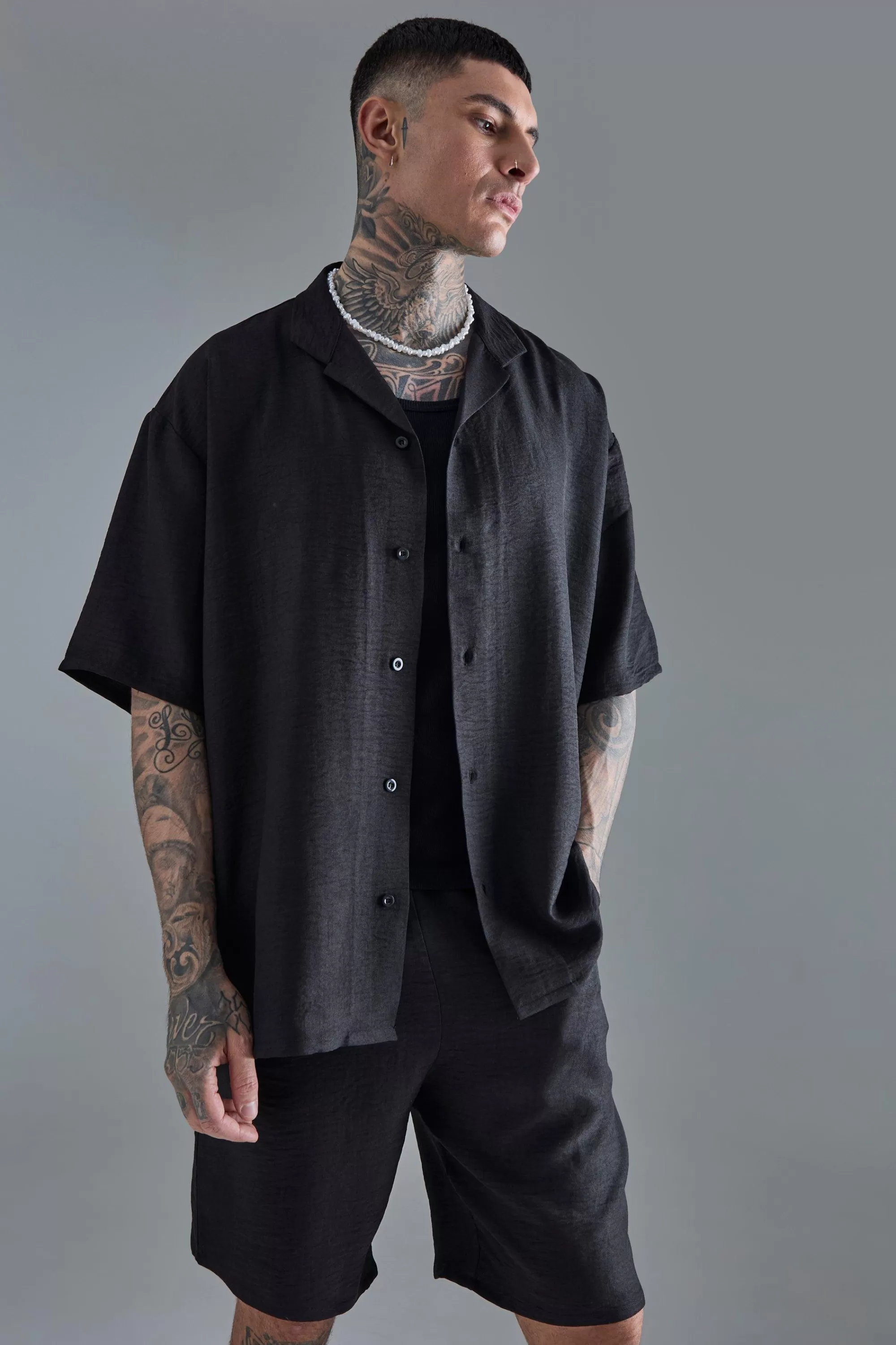 boohooMAN Tall Short Sleeve Oversized Linen Shirt & Short Set In | UK