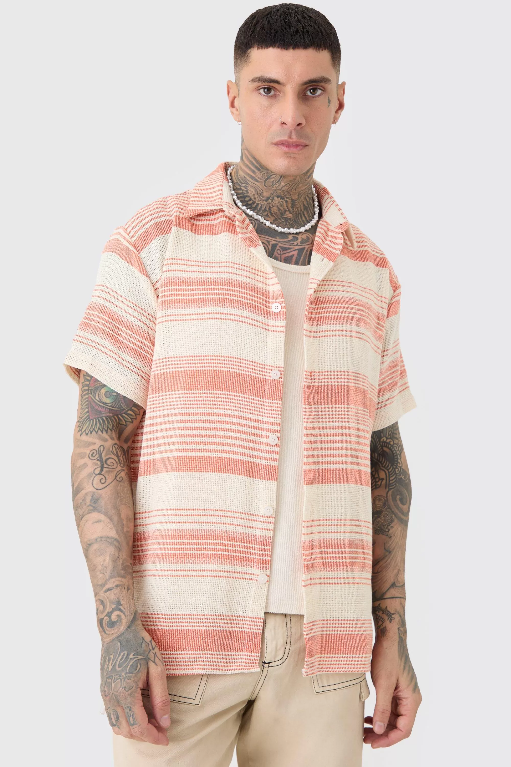 boohooMAN Tall Short Sleeve Oversized Textured Stripe Shirt In | UK