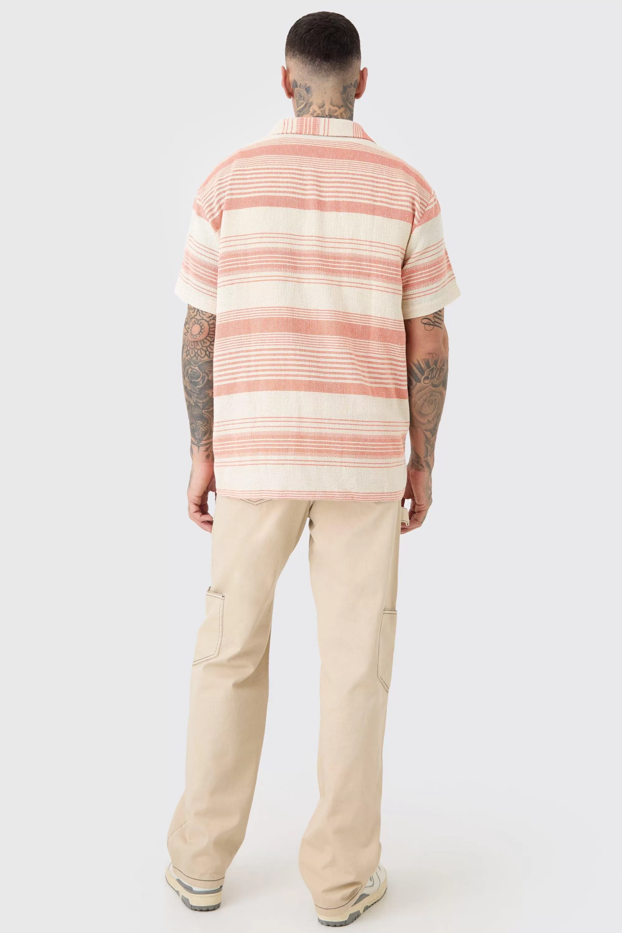 boohooMAN Tall Short Sleeve Oversized Textured Stripe Shirt In | UK