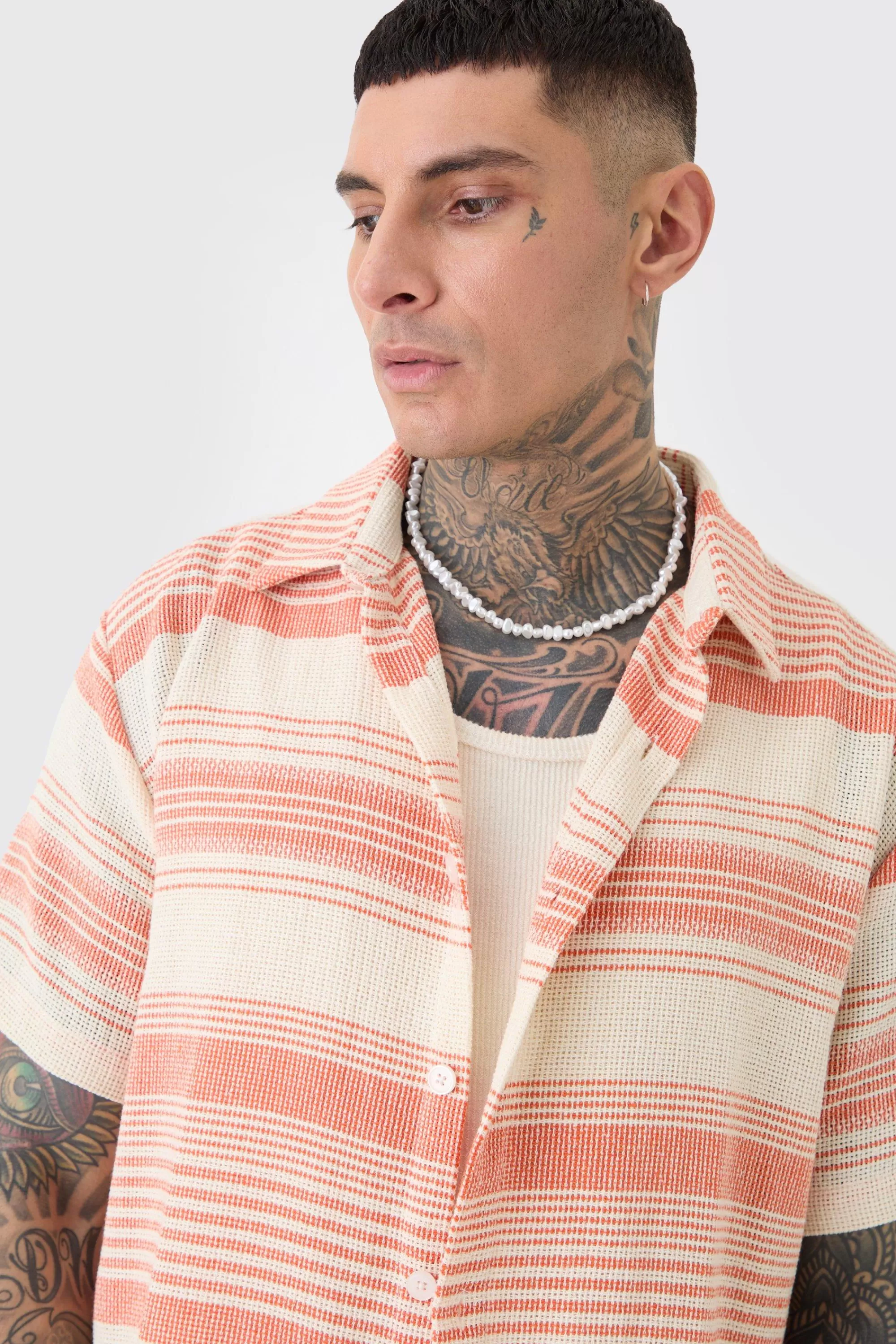 boohooMAN Tall Short Sleeve Oversized Textured Stripe Shirt In | UK